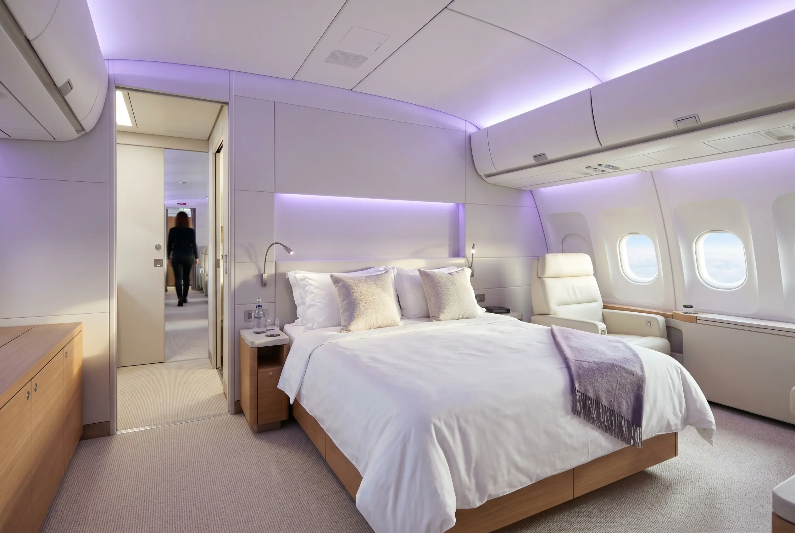 Private bedroom aboard an Airbus ACJ319 prepared for a Miami to New York flight