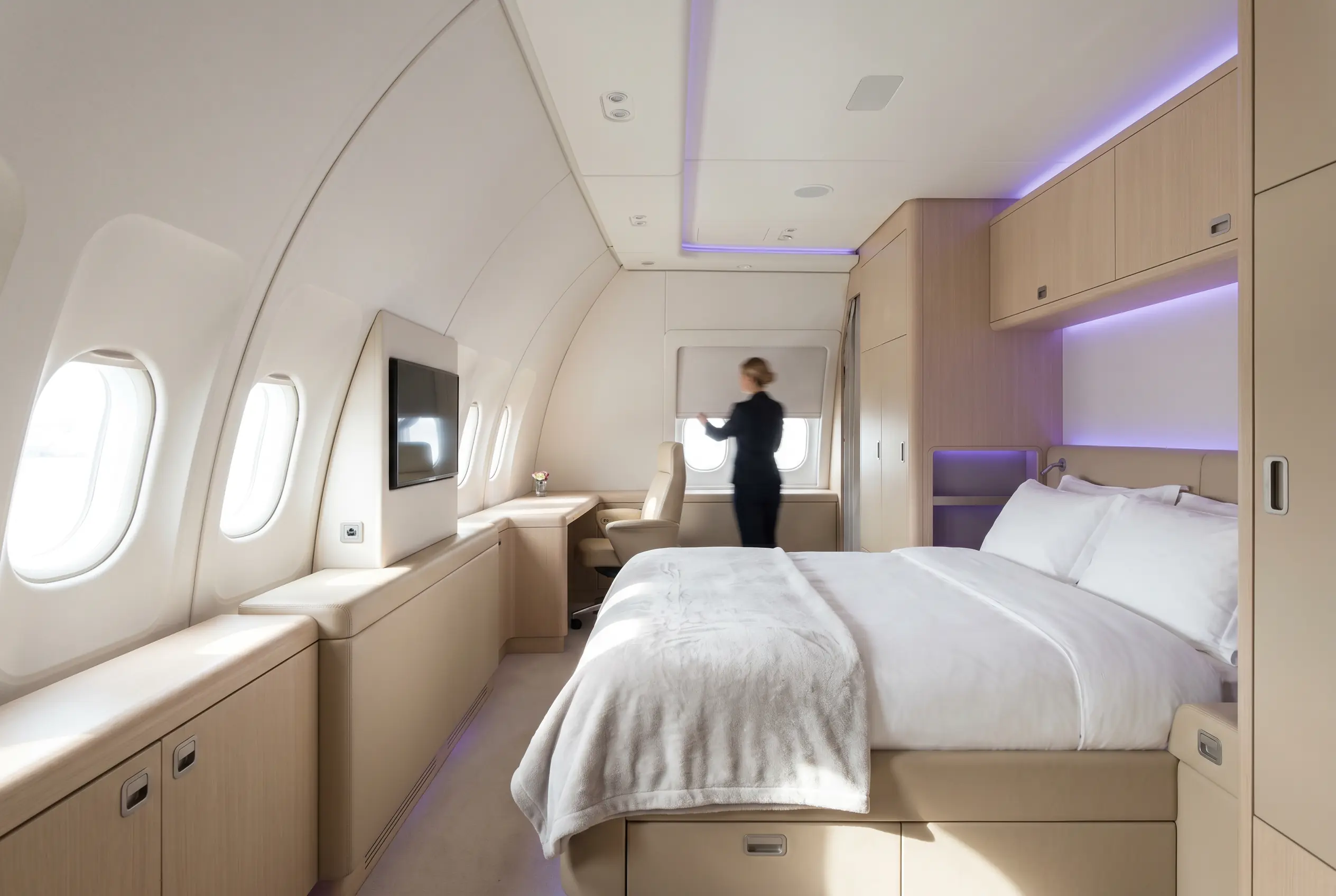 Private bedroom aboard an Airbus ACJ320neo prepared for a Miami to New York flight