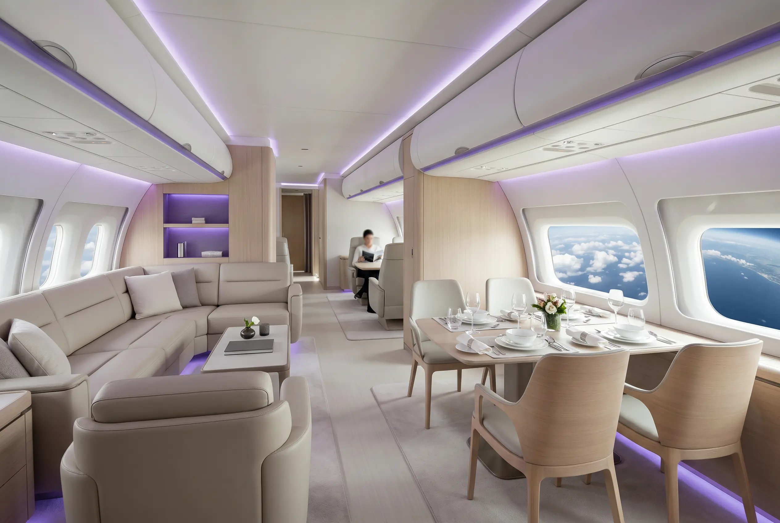 Airbus ACJ320neo VIP lounge with sofas and a dining area for a Miami to New York charter