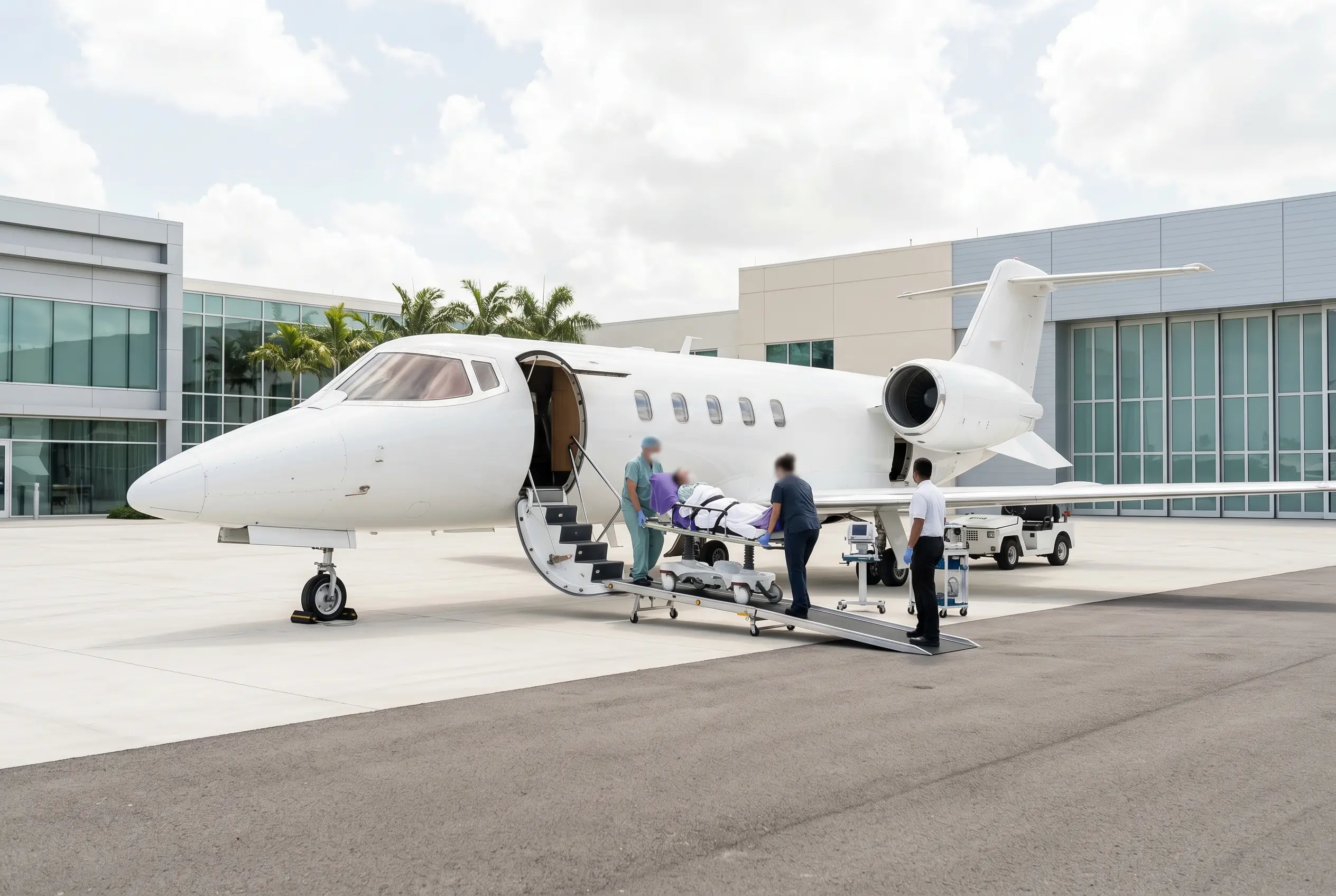 Medical crew loading a patient onto a jet at a Miami FBO for a flight to New York