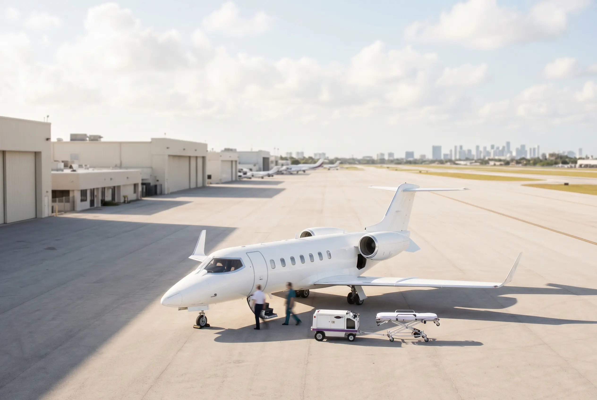 Air ambulance jet on a South Florida ramp ready for a Miami to New York medical flight