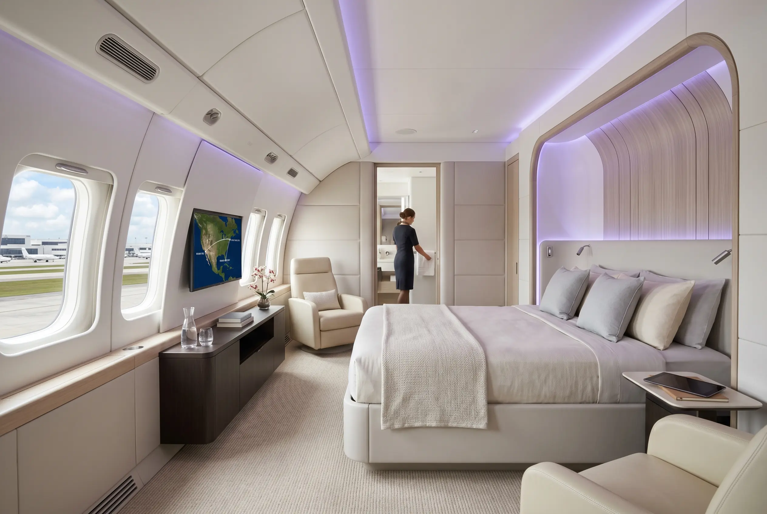 Private bedroom aboard a Boeing BBJ MAX 8 prepared for a Miami to New York flight