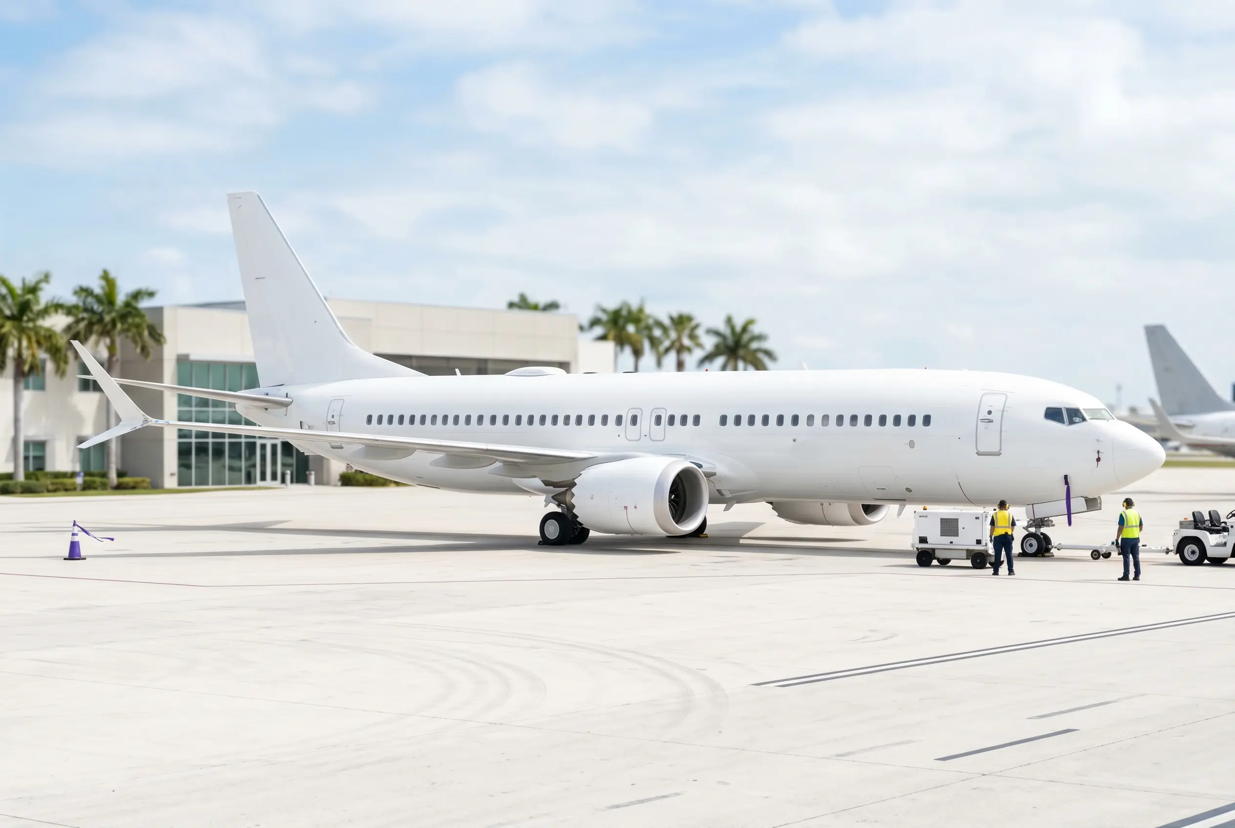 Boeing BBJ MAX 8 corporate jet on a South Florida ramp before a Miami to New York departure