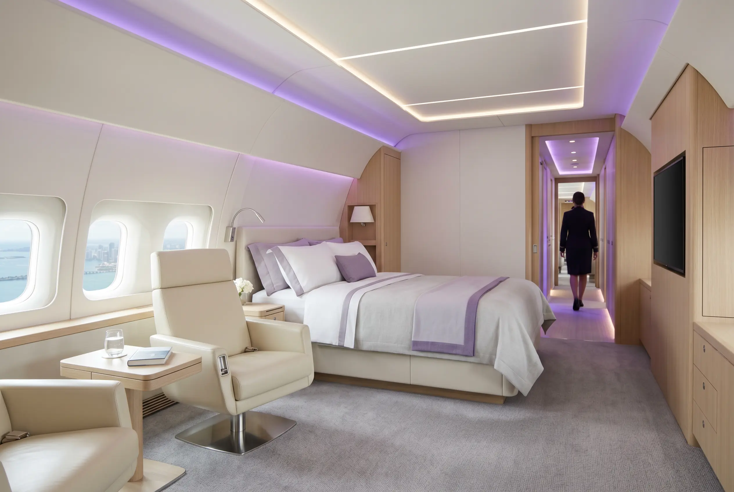 Private bedroom aboard a Boeing BBJ prepared for a Miami to New York flight