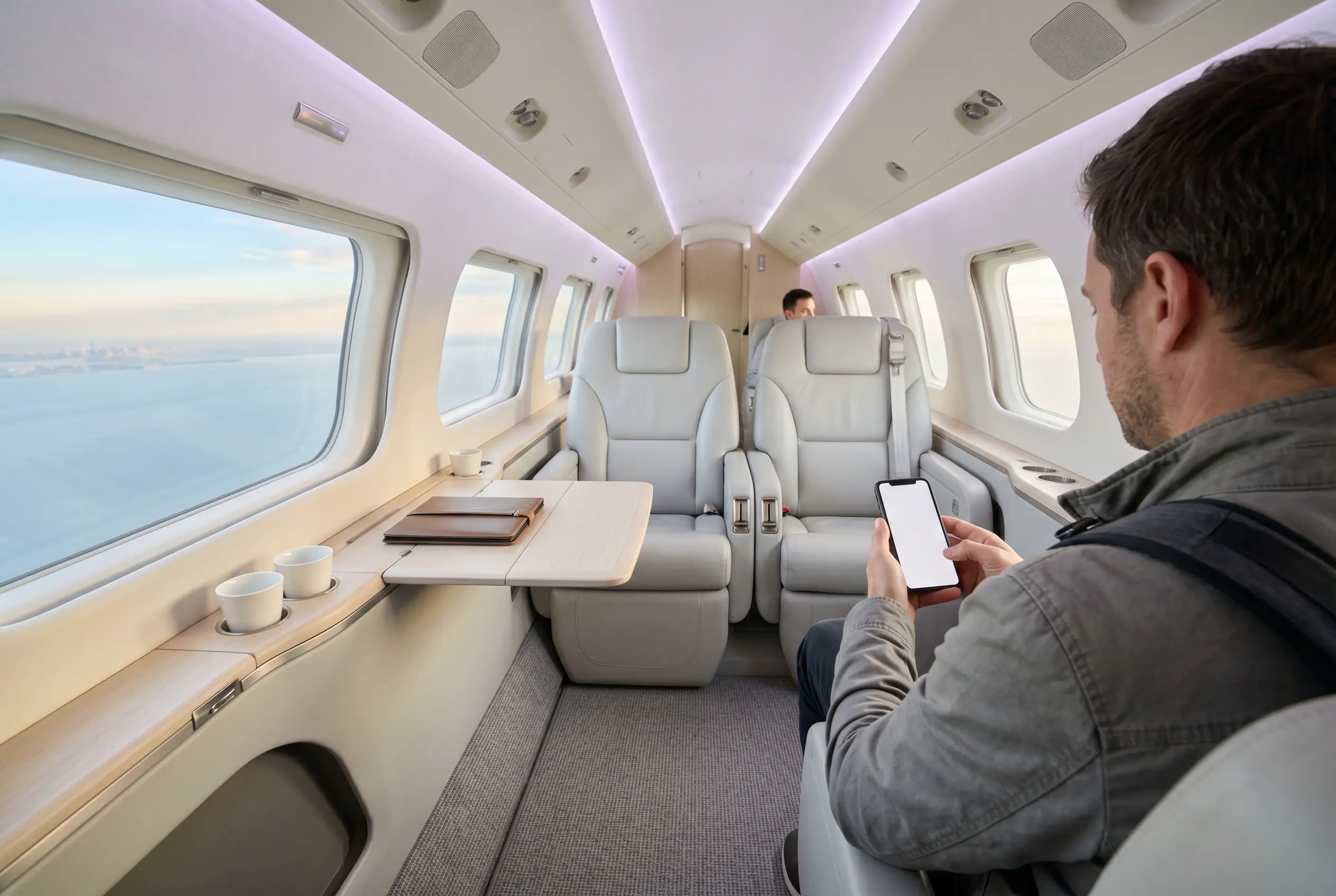 Traveler confirming a crypto payment on a phone in a jet cabin from Miami to New York