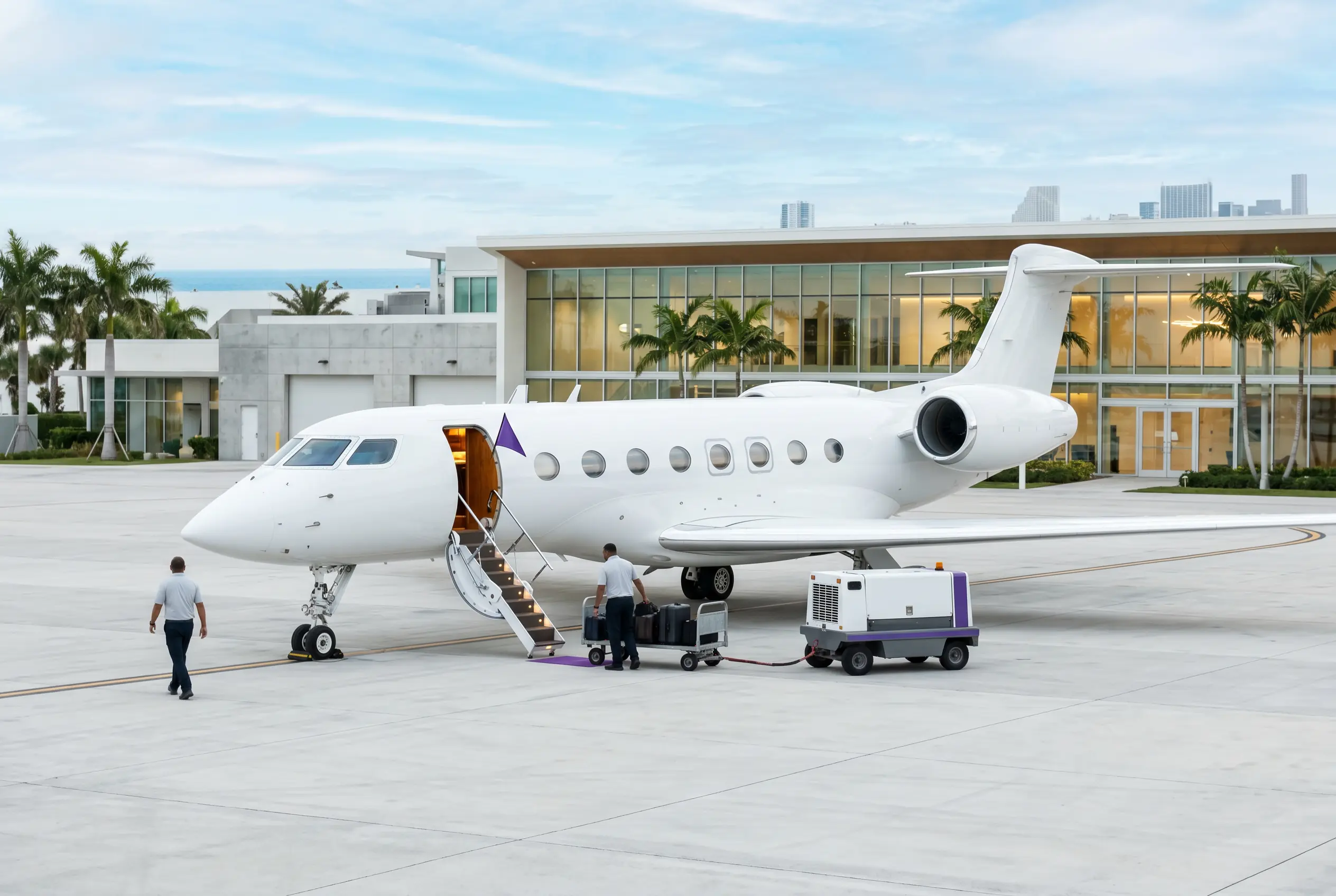 Private jet at a Miami FBO booked with cryptocurrency for a New York flight