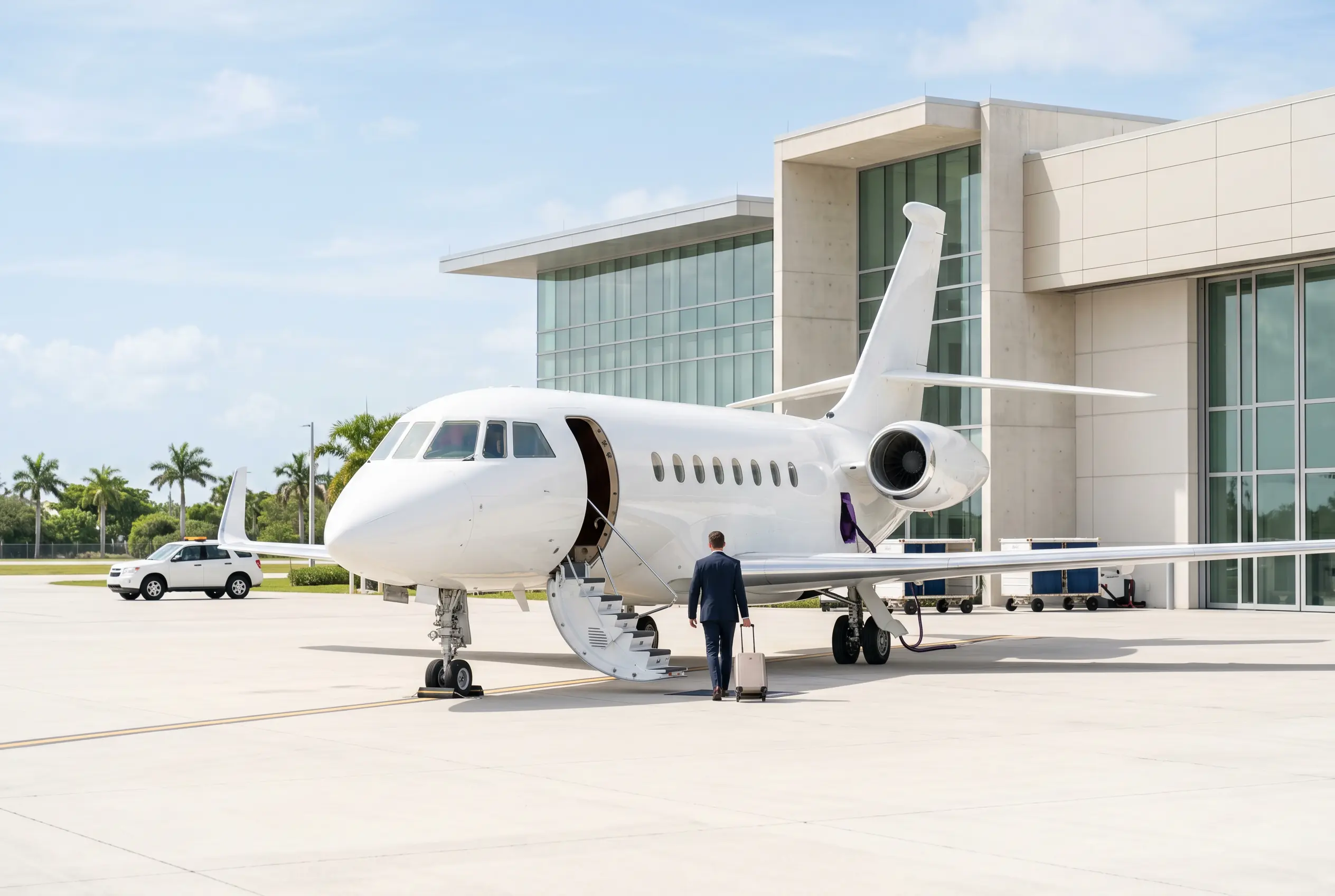 Business traveller boarding a private jet at a Miami FBO minutes before a New York flight