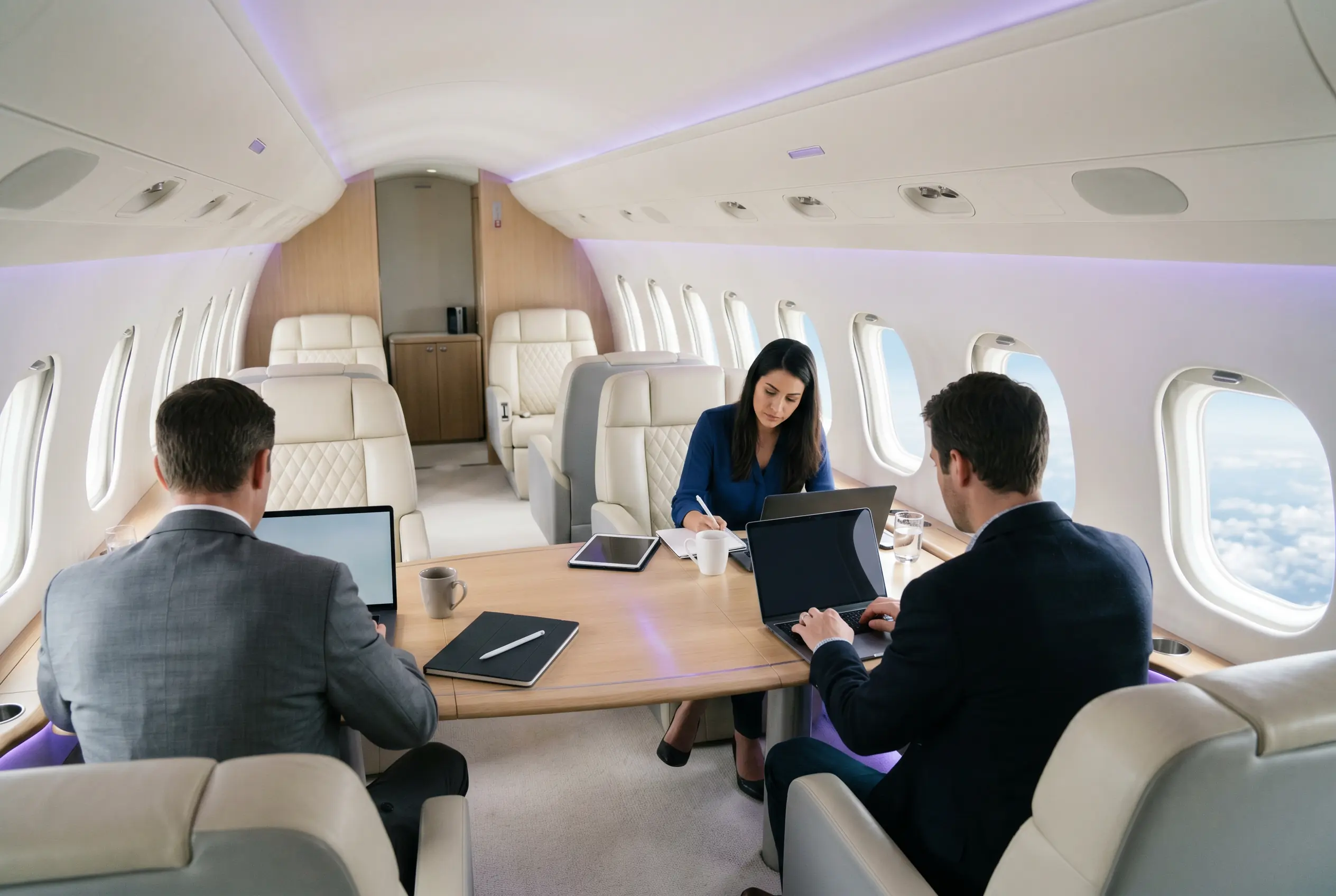 Executives working at a cabin worktable with laptops open, en route from Miami to New York
