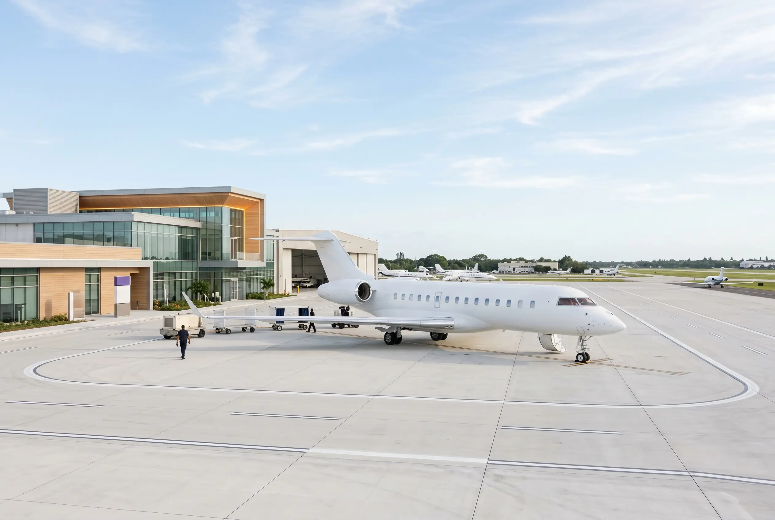 Private FBO terminal at Opa-locka with a business jet on the ramp for a New York departure