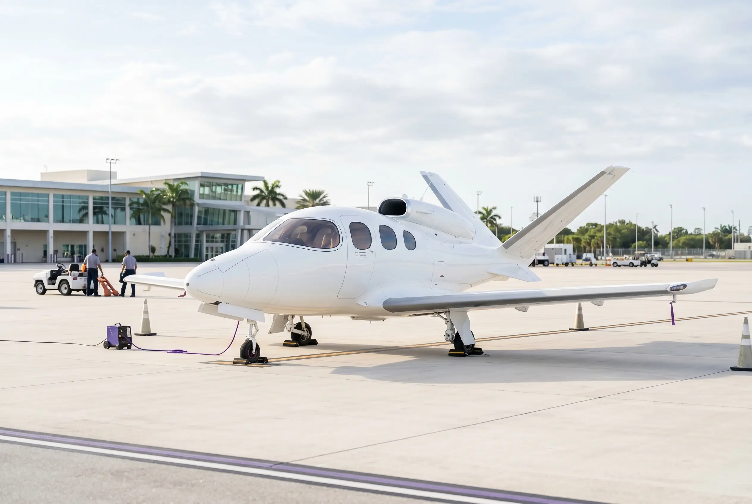 Cirrus Vision Jet G2+ single-engine jet on a South Florida ramp before a New York flight