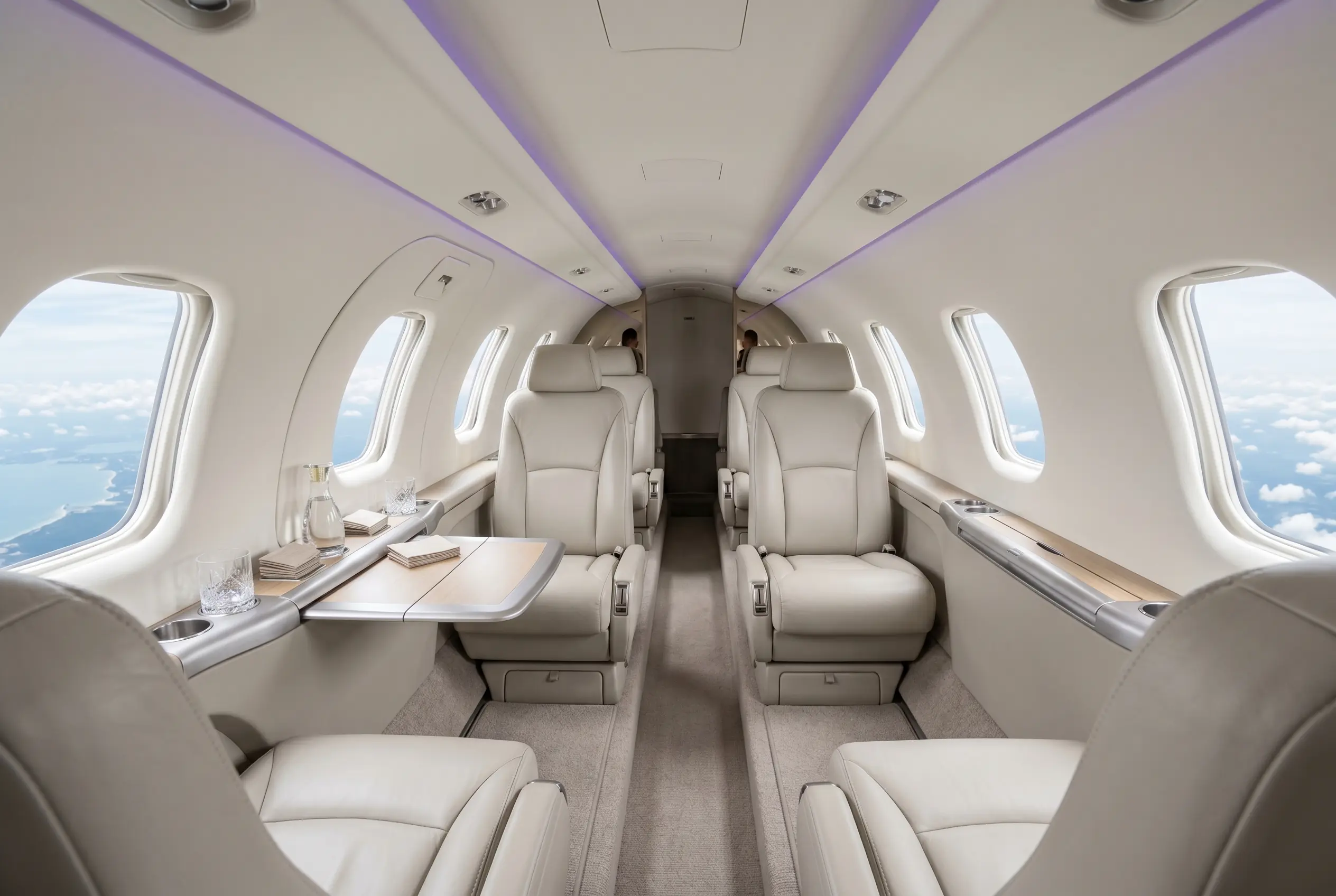 Cessna Citation CJ3+ cabin with club seating and refreshment console for a Miami to New York charter