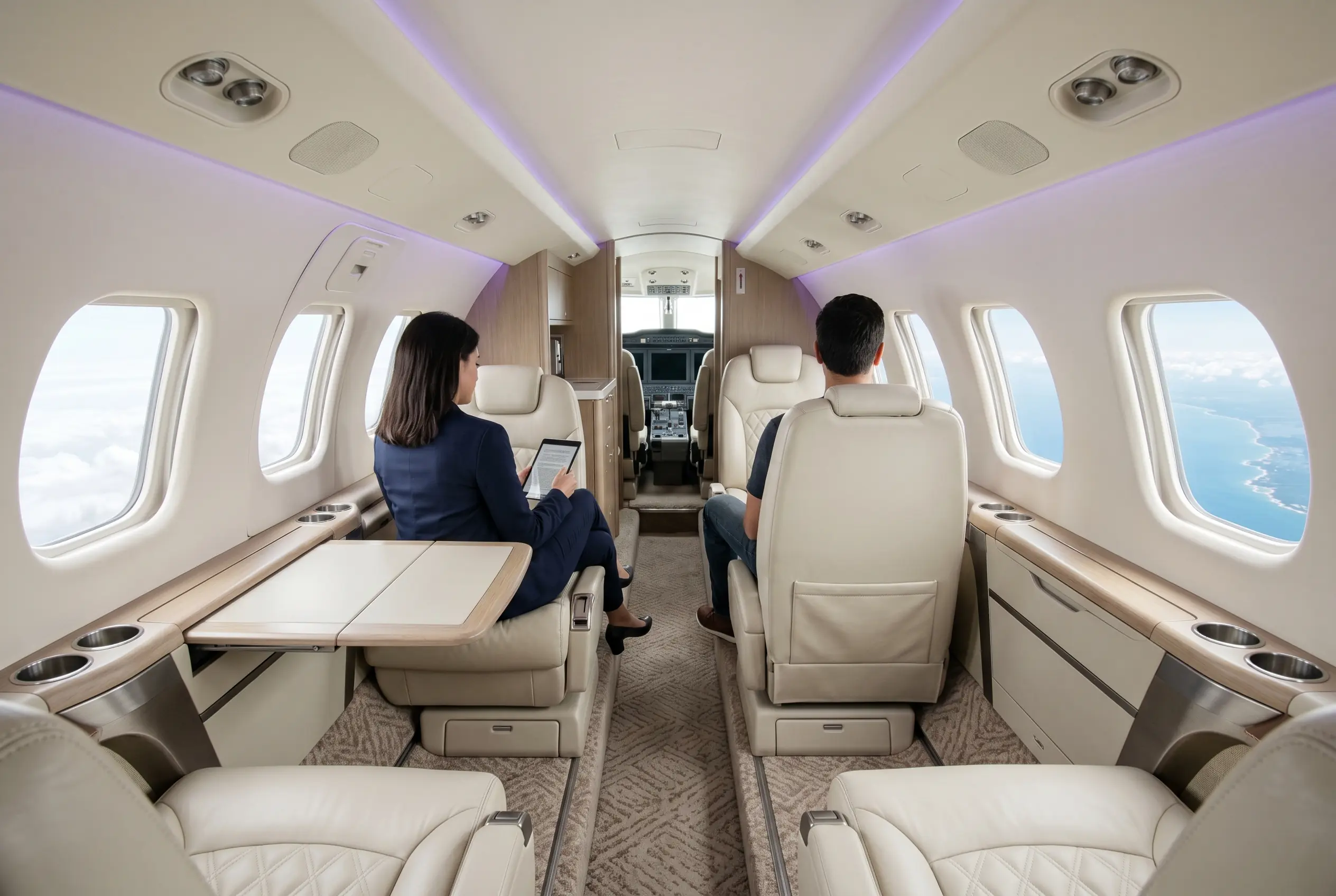 Cessna Citation CJ4 cabin with club seating set for a Miami to New York charter