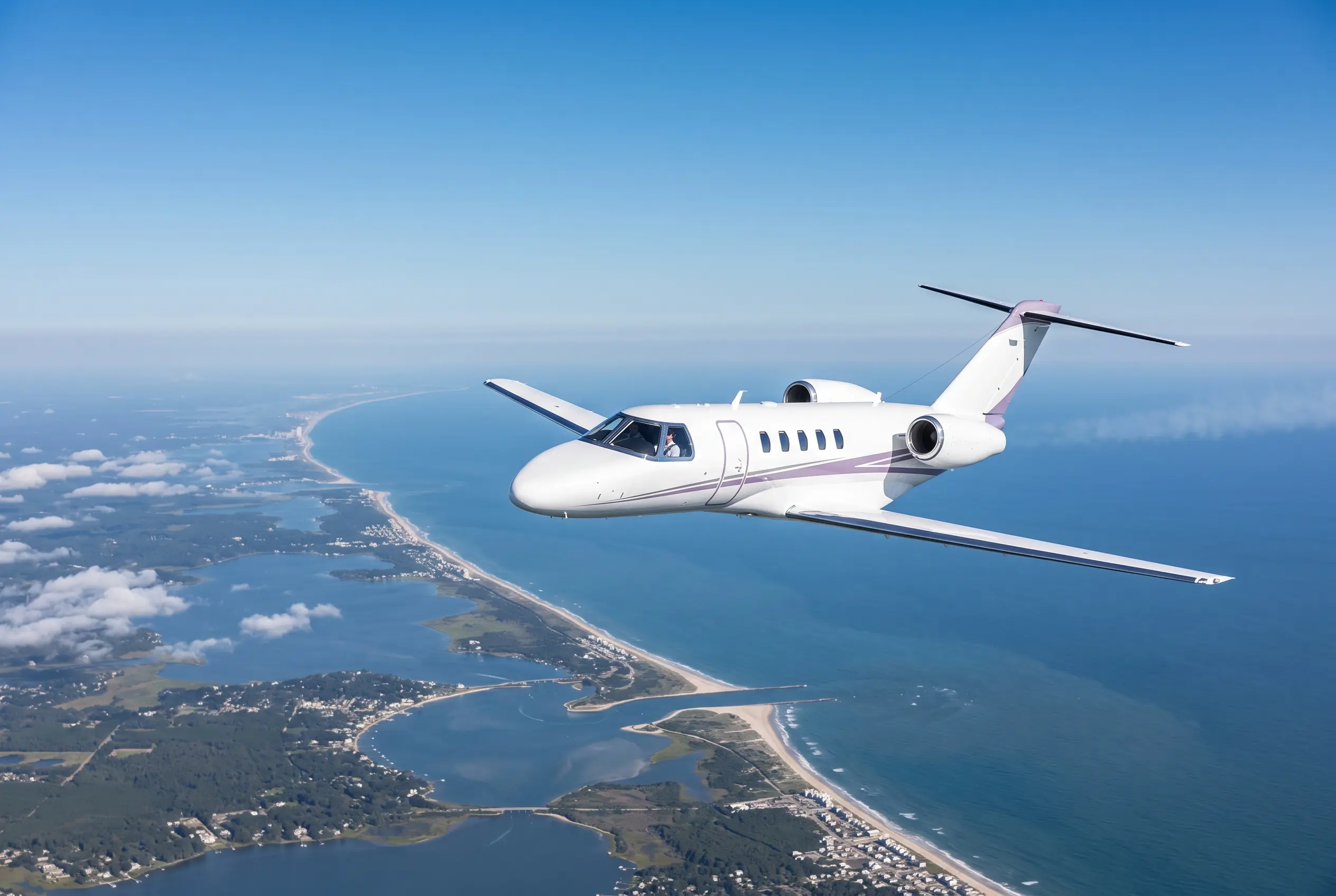 Cessna Citation CJ4 in flight above the Eastern Seaboard from Miami to New York