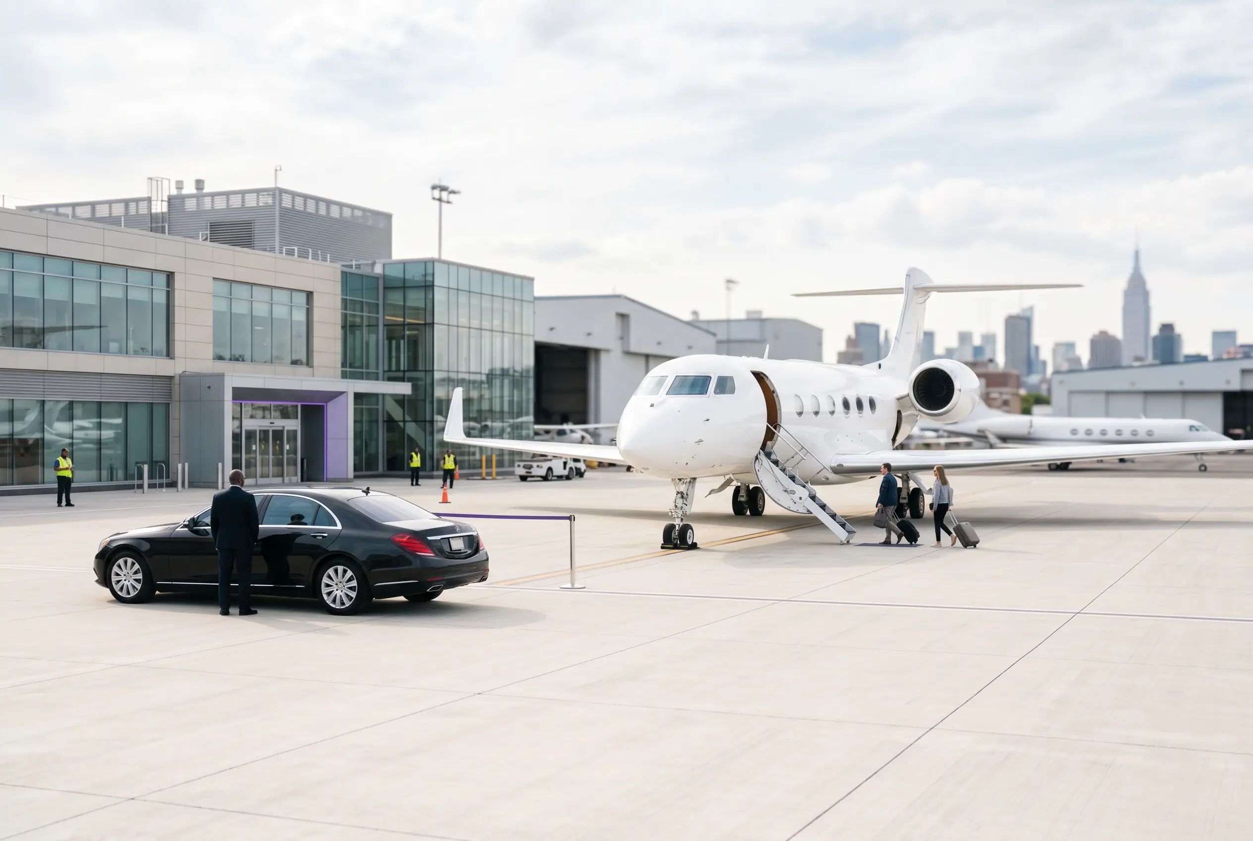 Chauffeured car waiting on the ramp at a New York FBO for an arrival from Miami