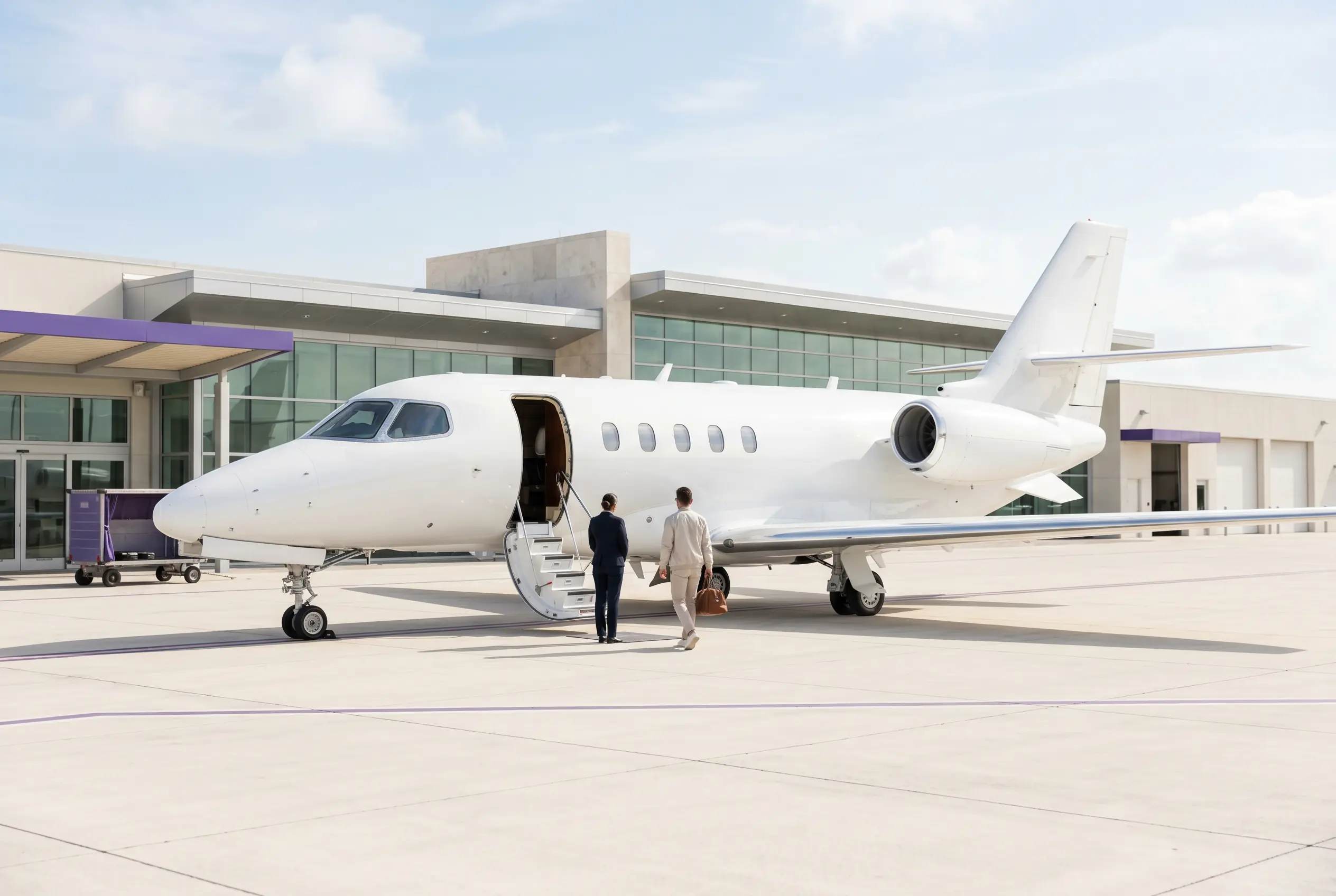 Concierge greeting a traveler at a Miami FBO before a New York flight