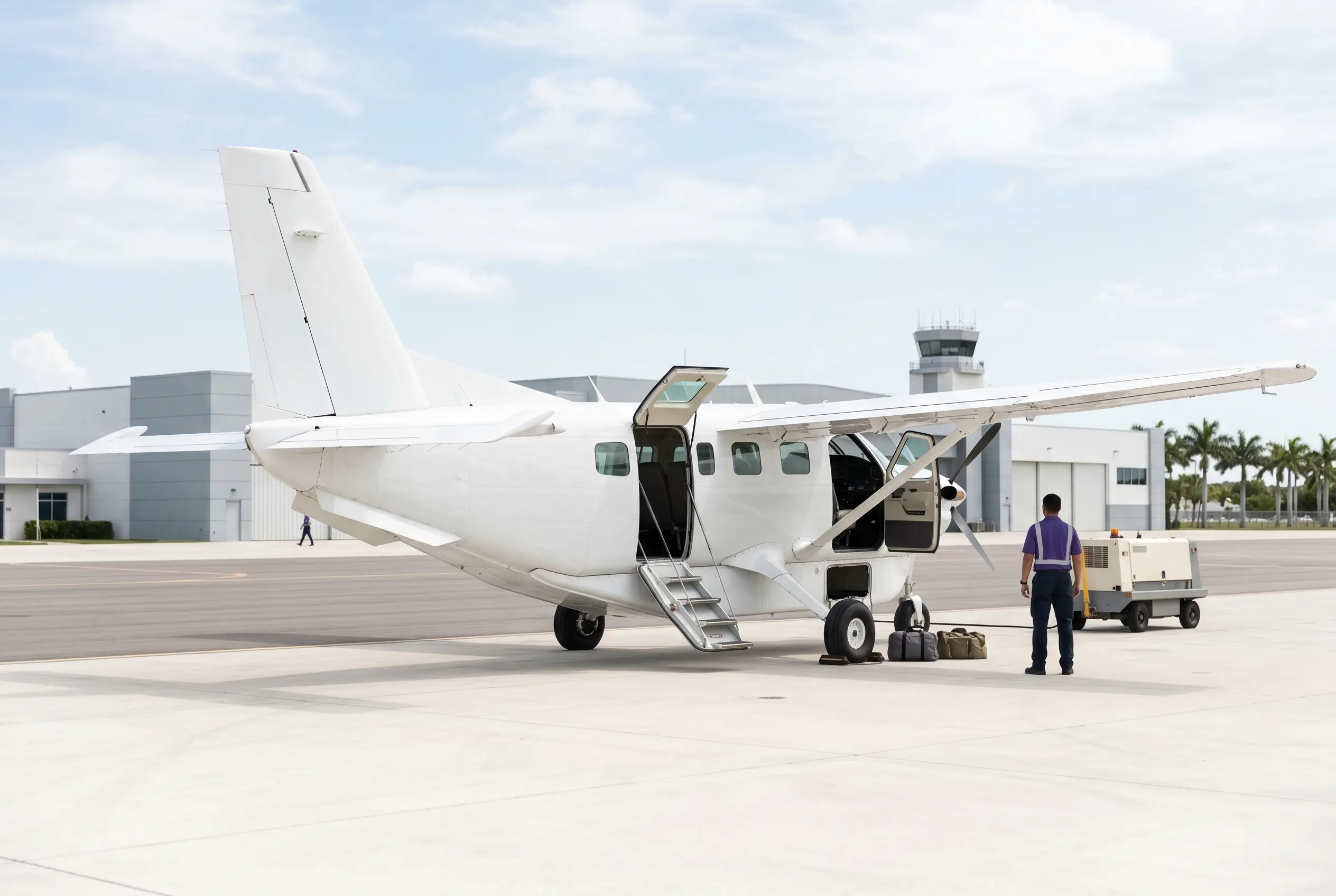 Daher Kodiak 900 with its cargo pod and door open on a Miami ramp ahead of a New York departure