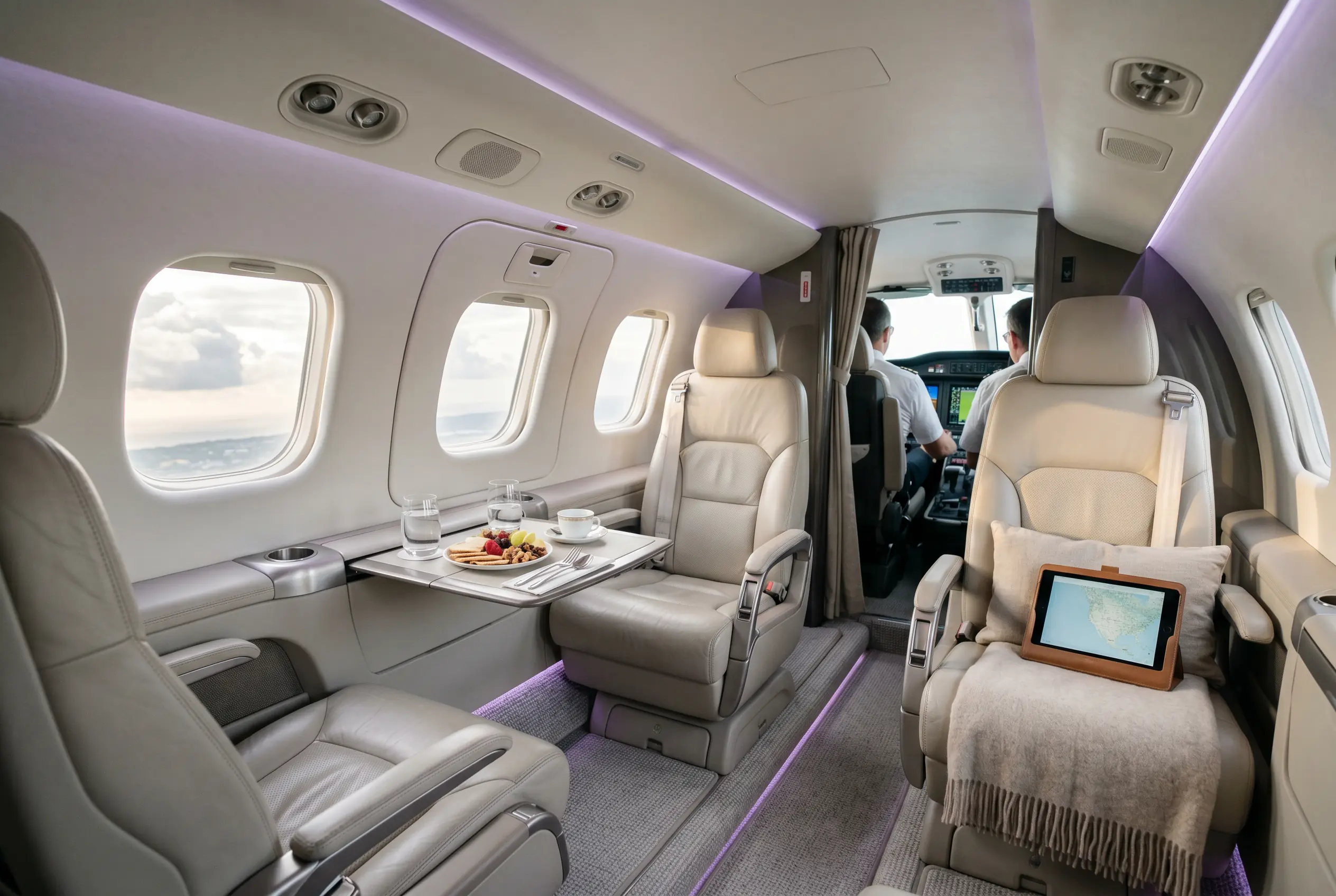 Epic E1000 GX cabin with leather seating set for a Miami to New York charter