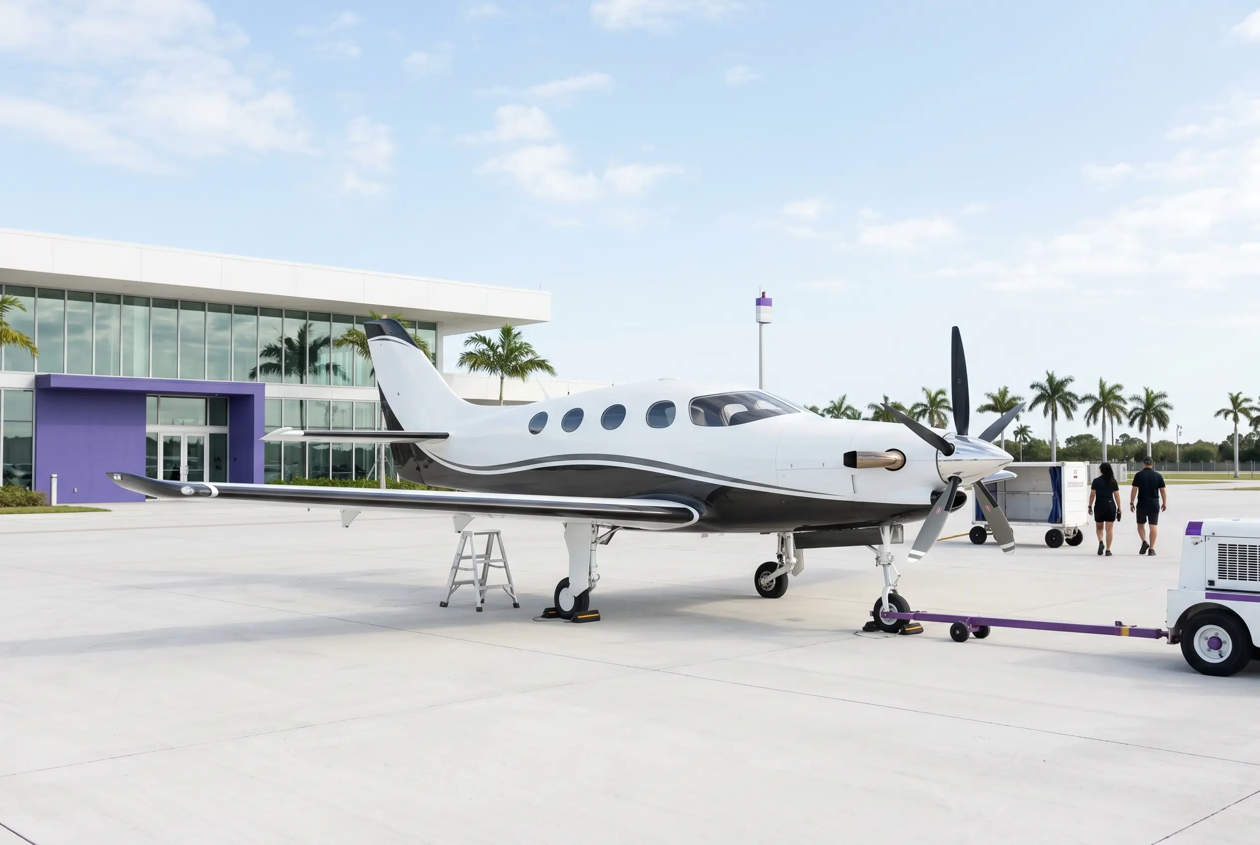 Epic E1000 GX carbon-fibre turboprop on a South Florida ramp before a New York flight