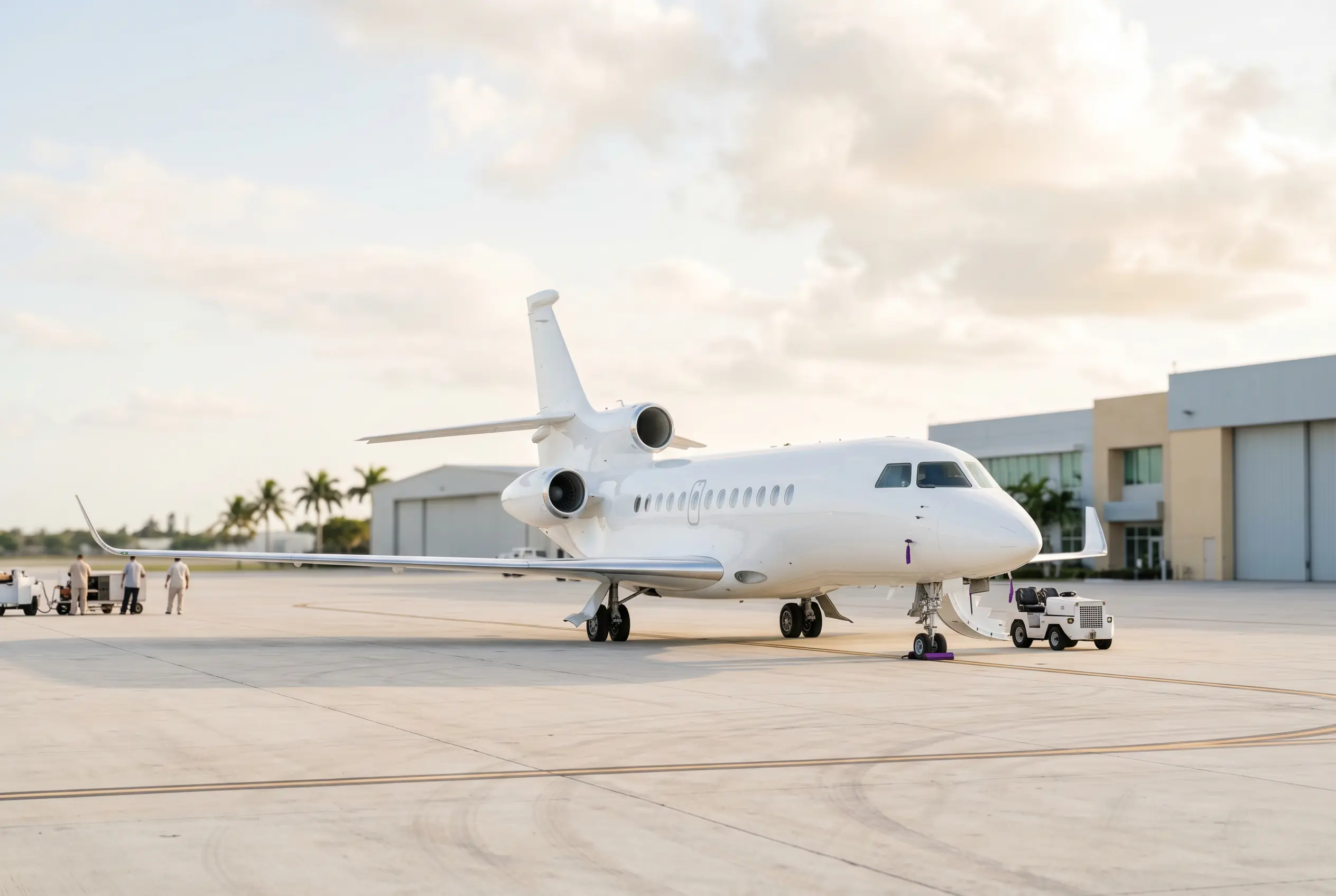 Dassault Falcon 7X three-engine jet on a South Florida ramp before a Miami to New York departure