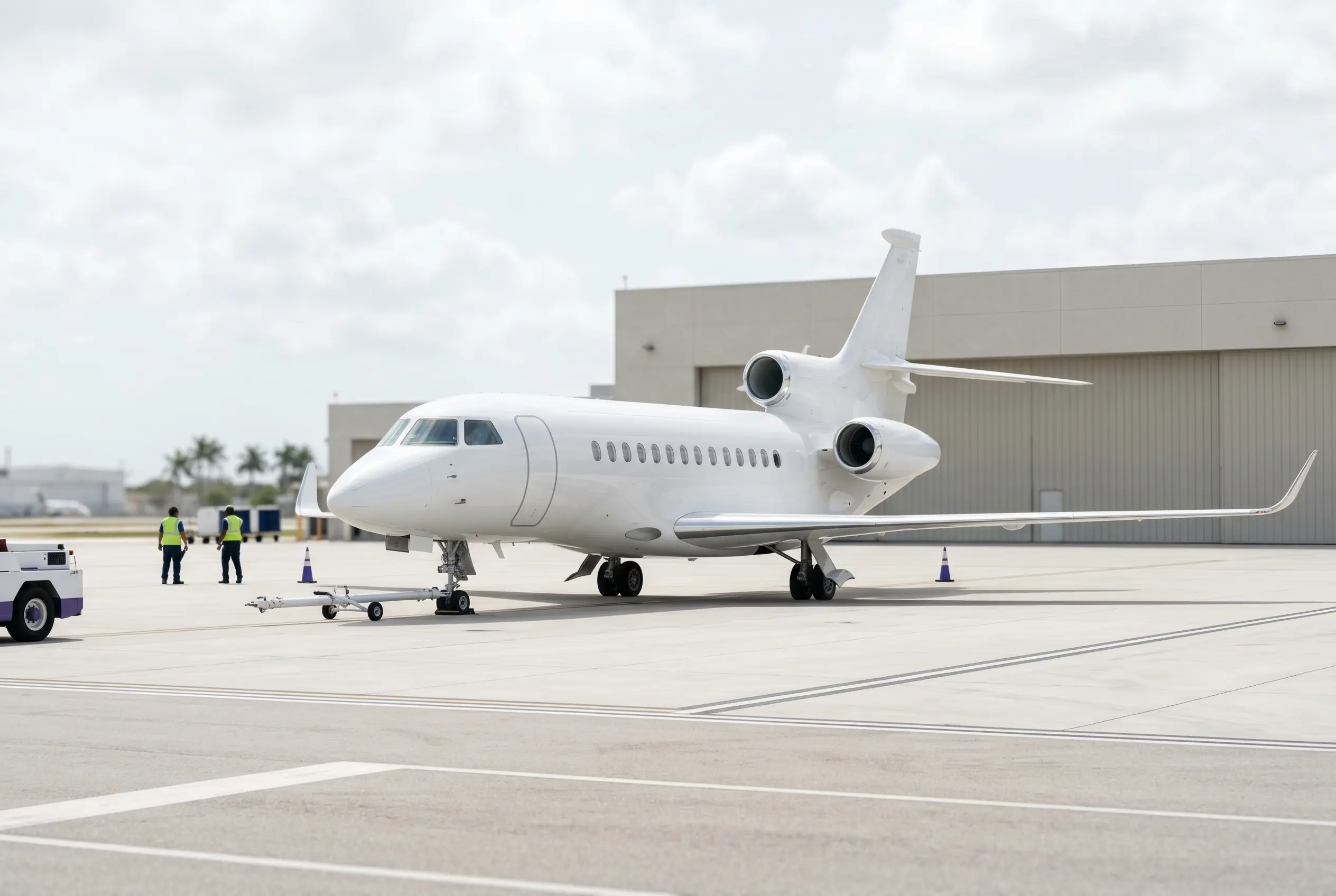 Dassault Falcon 8X three-engine jet on a South Florida ramp before a Miami to New York departure