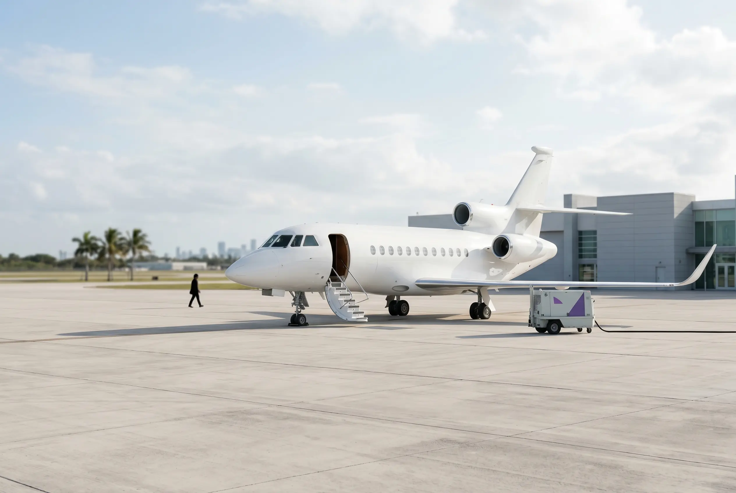 Dassault Falcon 900LX three-engine jet on a South Florida ramp before a Miami to New York departure