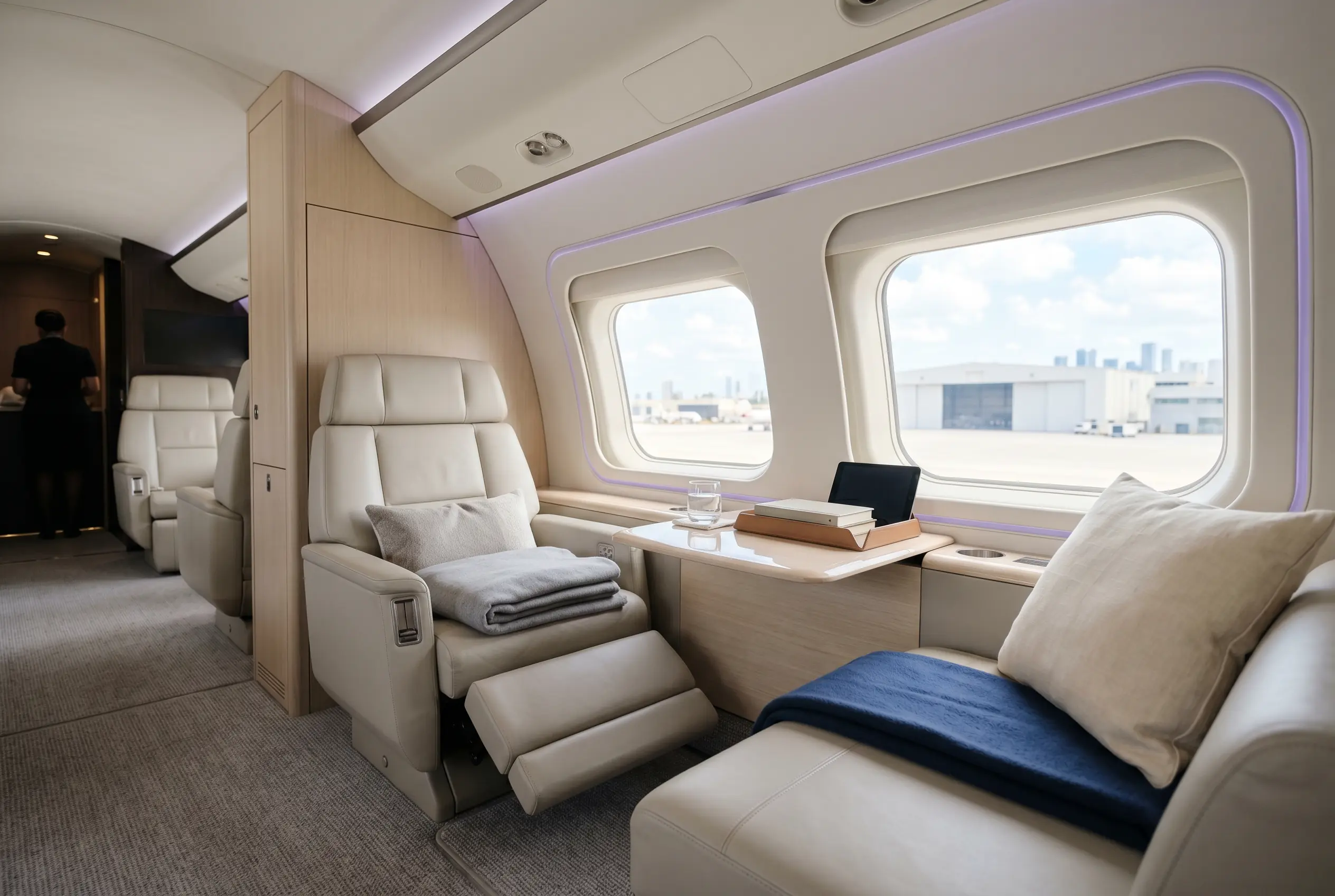 Bombardier Global 7500 private rest suite prepared for a Miami to New York flight