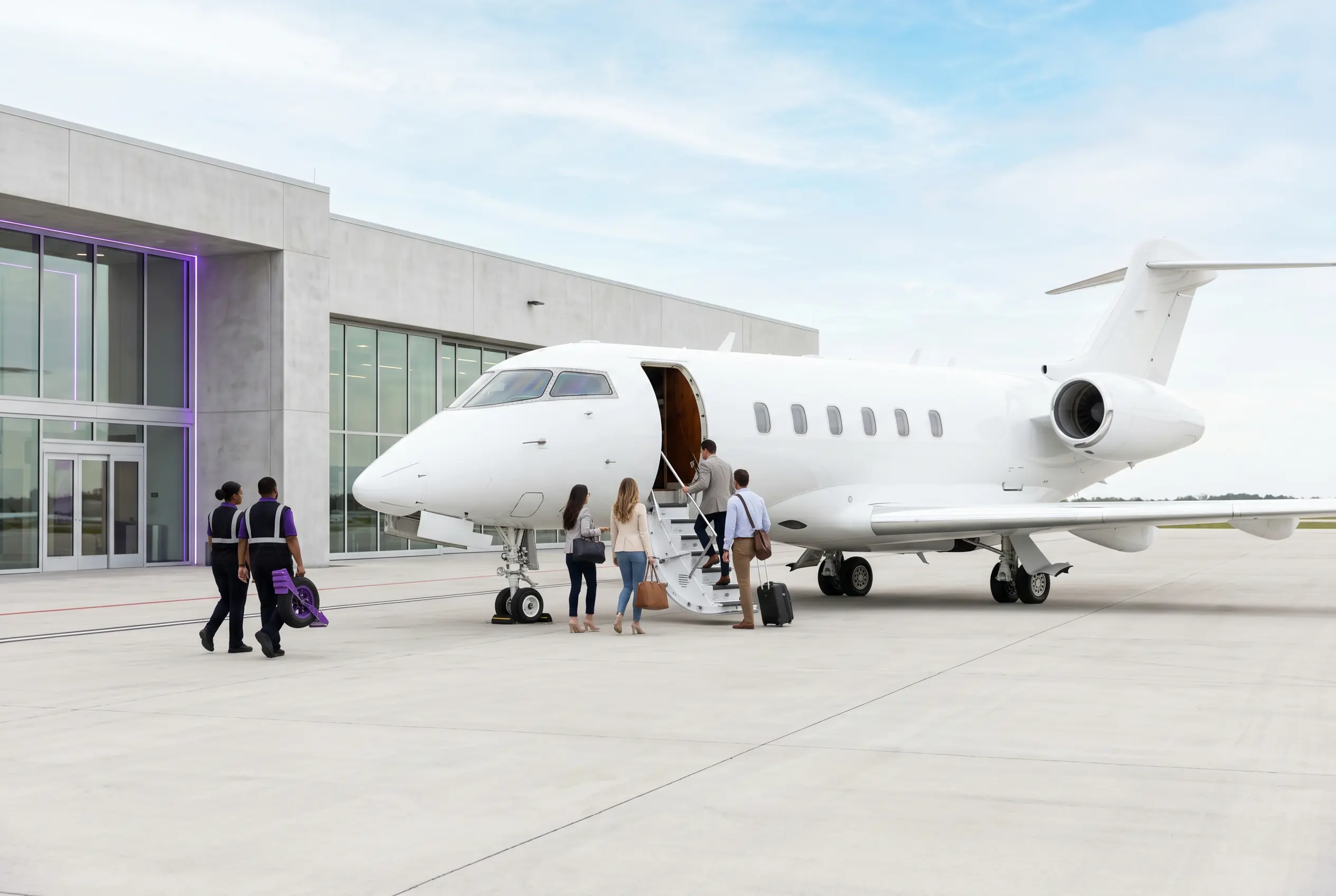 Group boarding a private jet at a Miami FBO for a flight to New York