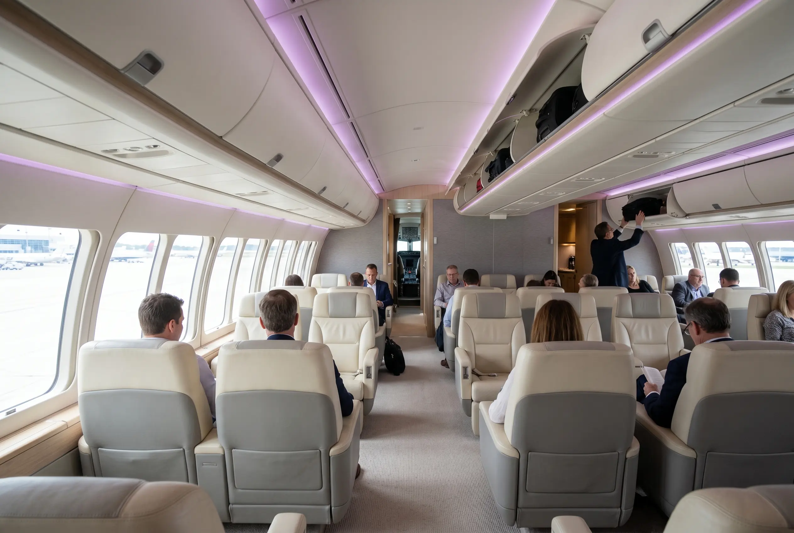 Large group settling into a wide jet cabin for a Miami to New York group charter