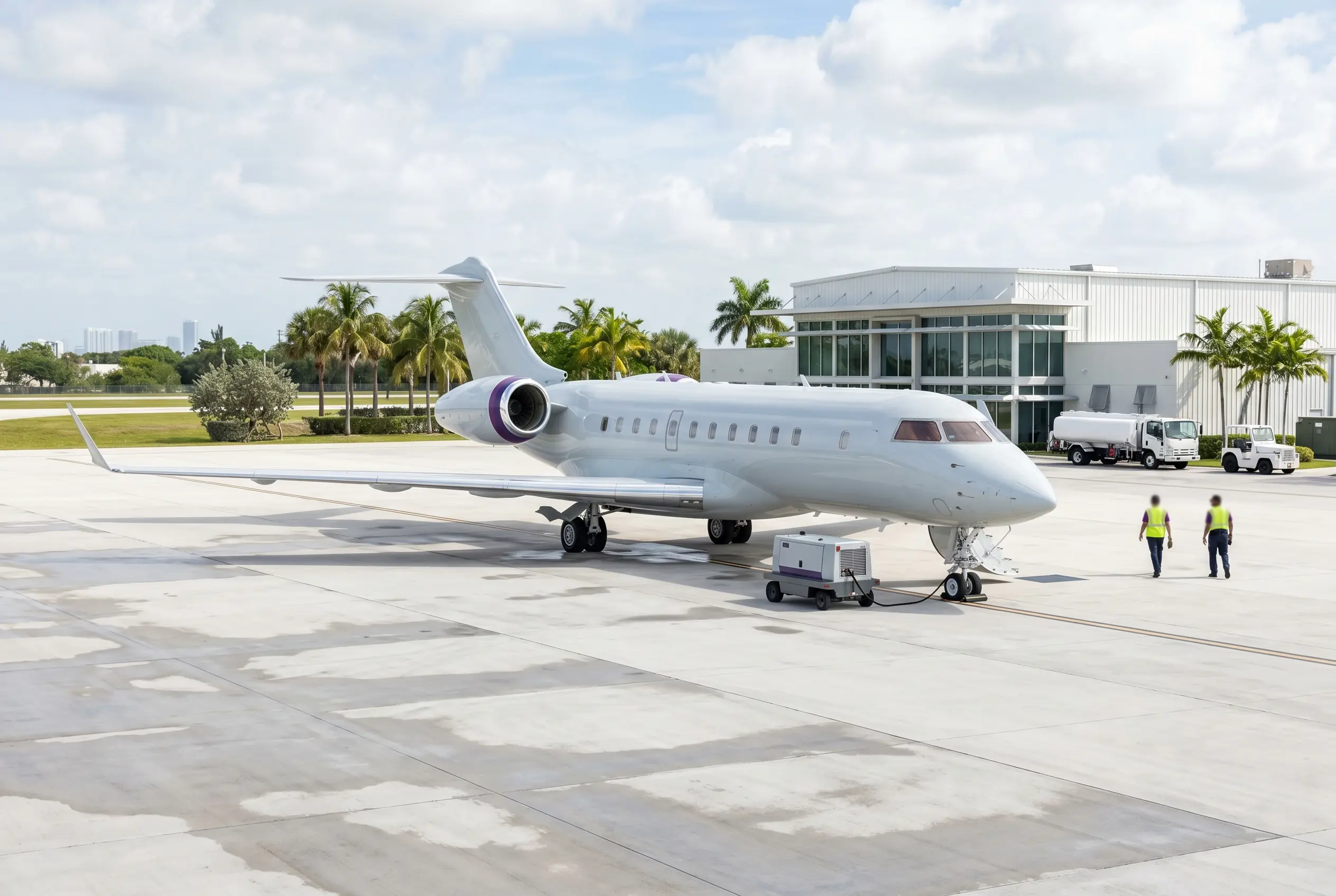 Large-cabin jet on a South Florida ramp ready for a Miami to New York group departure