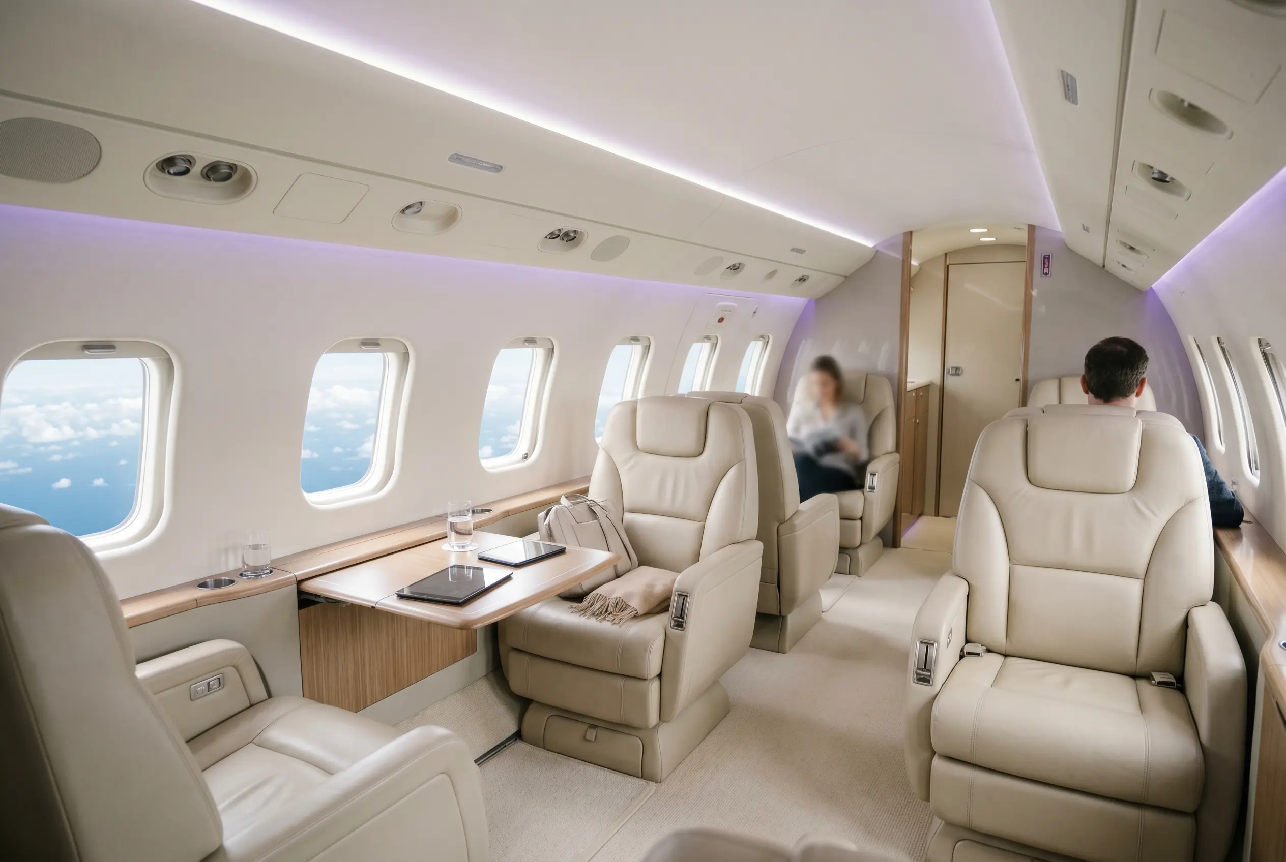 Hawker 800XP wide stand-up cabin with club seating for a Miami to New York charter