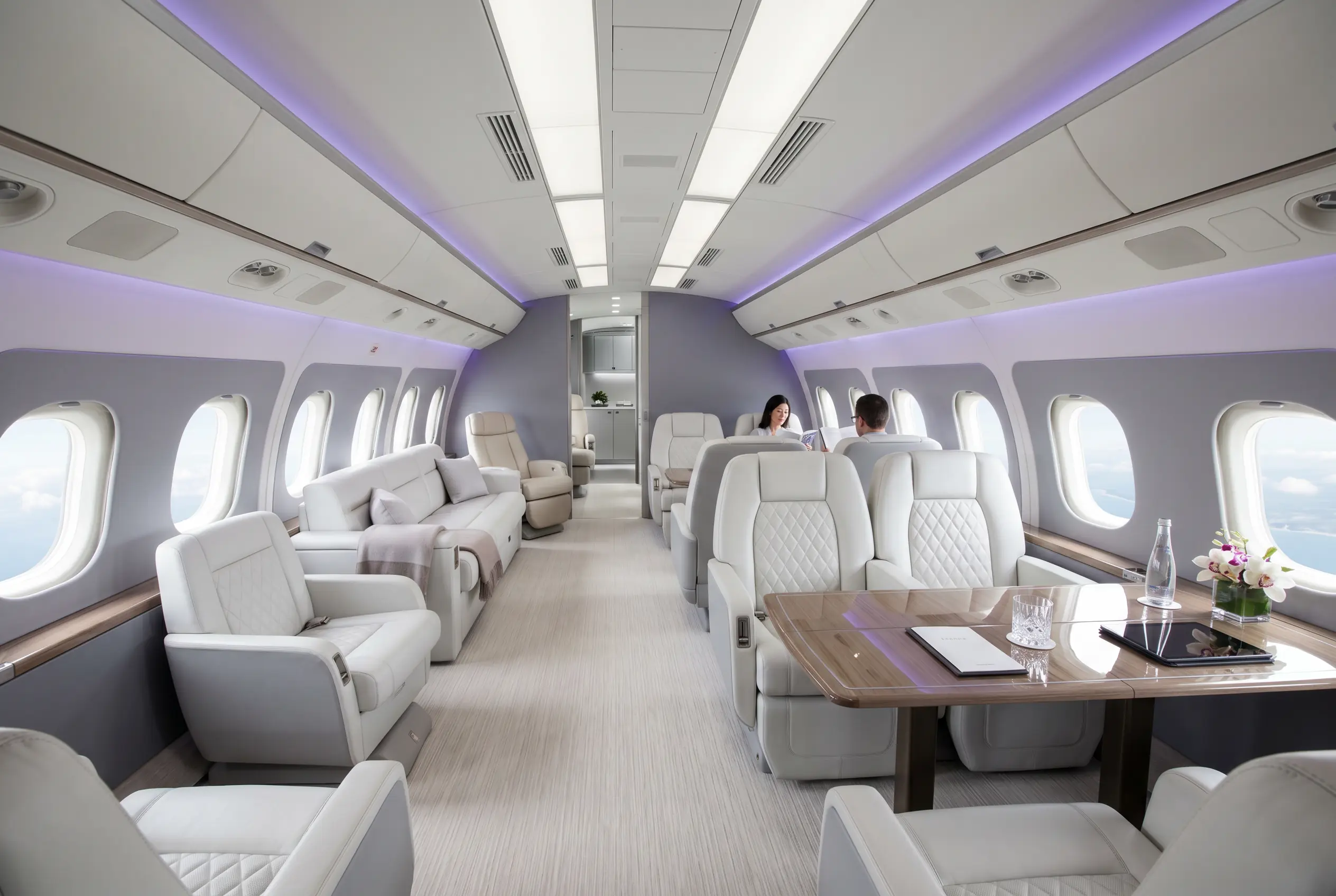 Large heavy jet cabin with multiple seating zones set for a Miami to New York charter