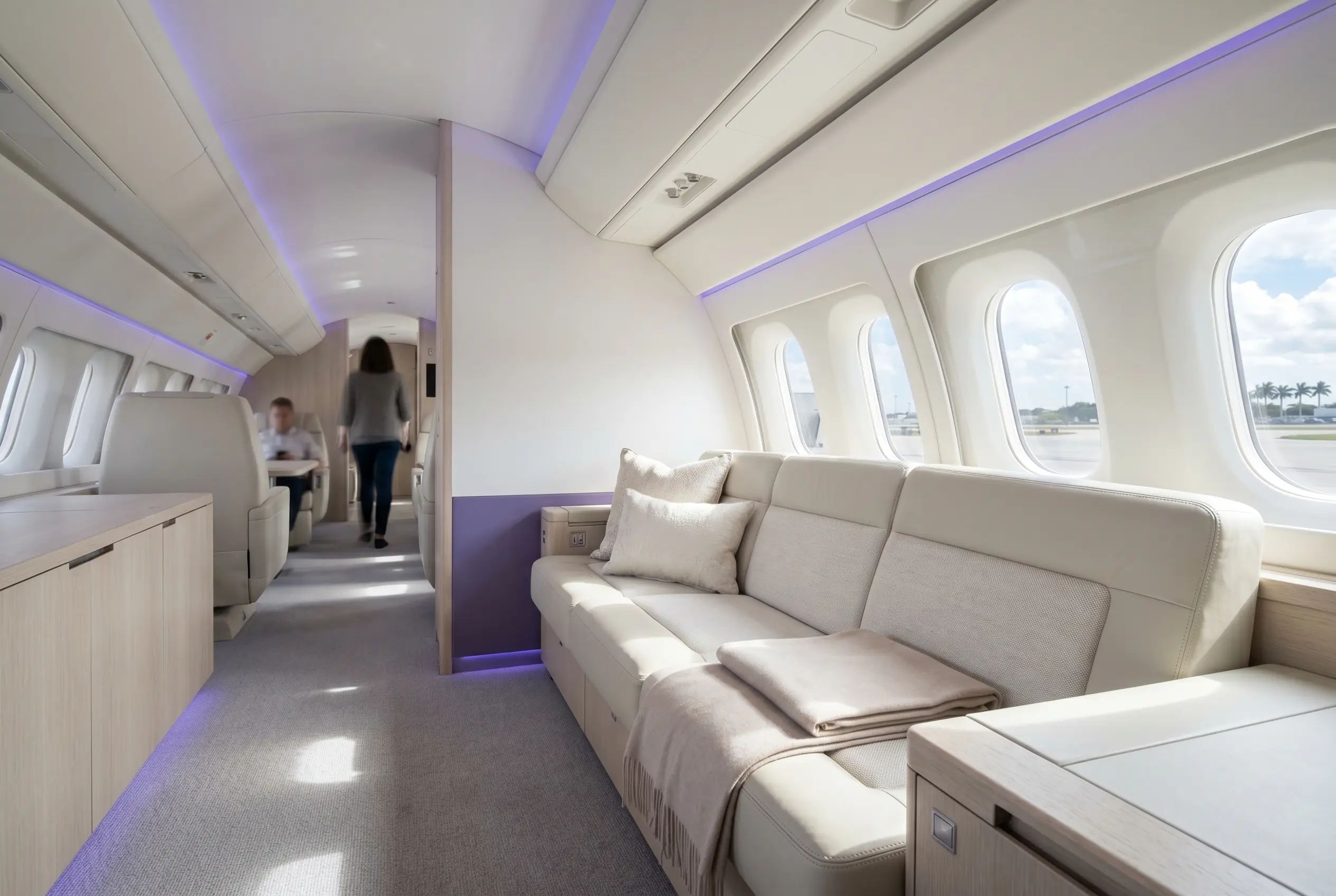Berth-capable divan aboard a heavy jet prepared for a Miami to New York departure