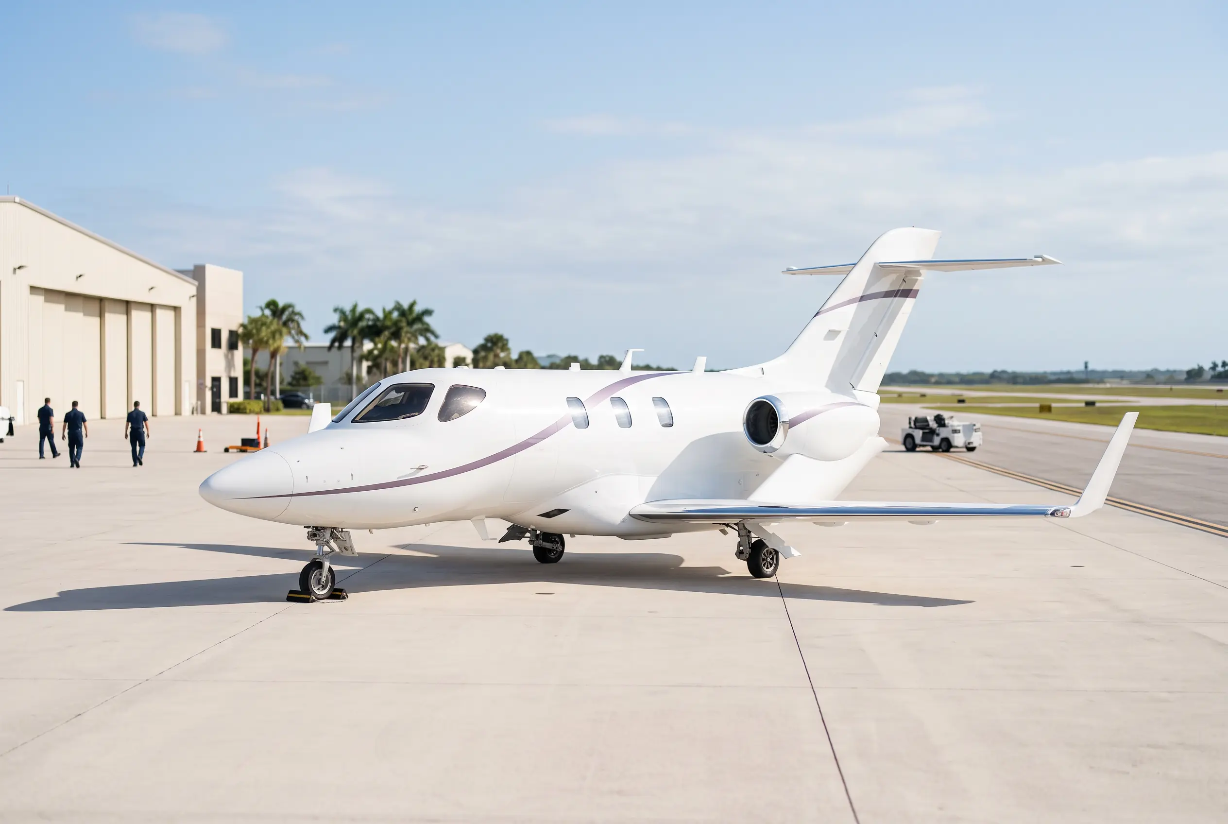 HondaJet Elite II with its over-the-wing engines on a South Florida ramp before a Miami to New York departure