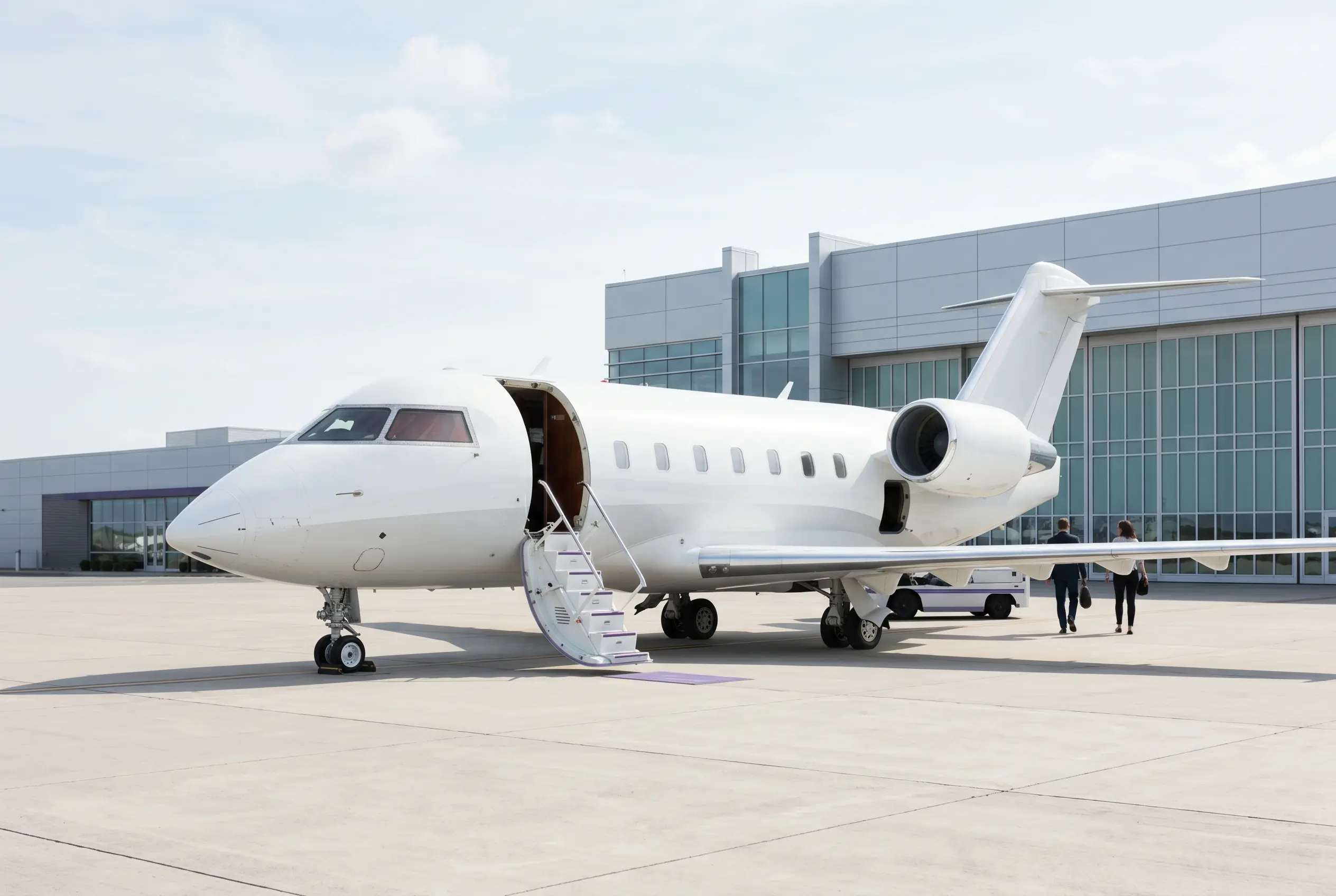 Guests stepping off a private jet at a New York FBO arriving from Miami for an event