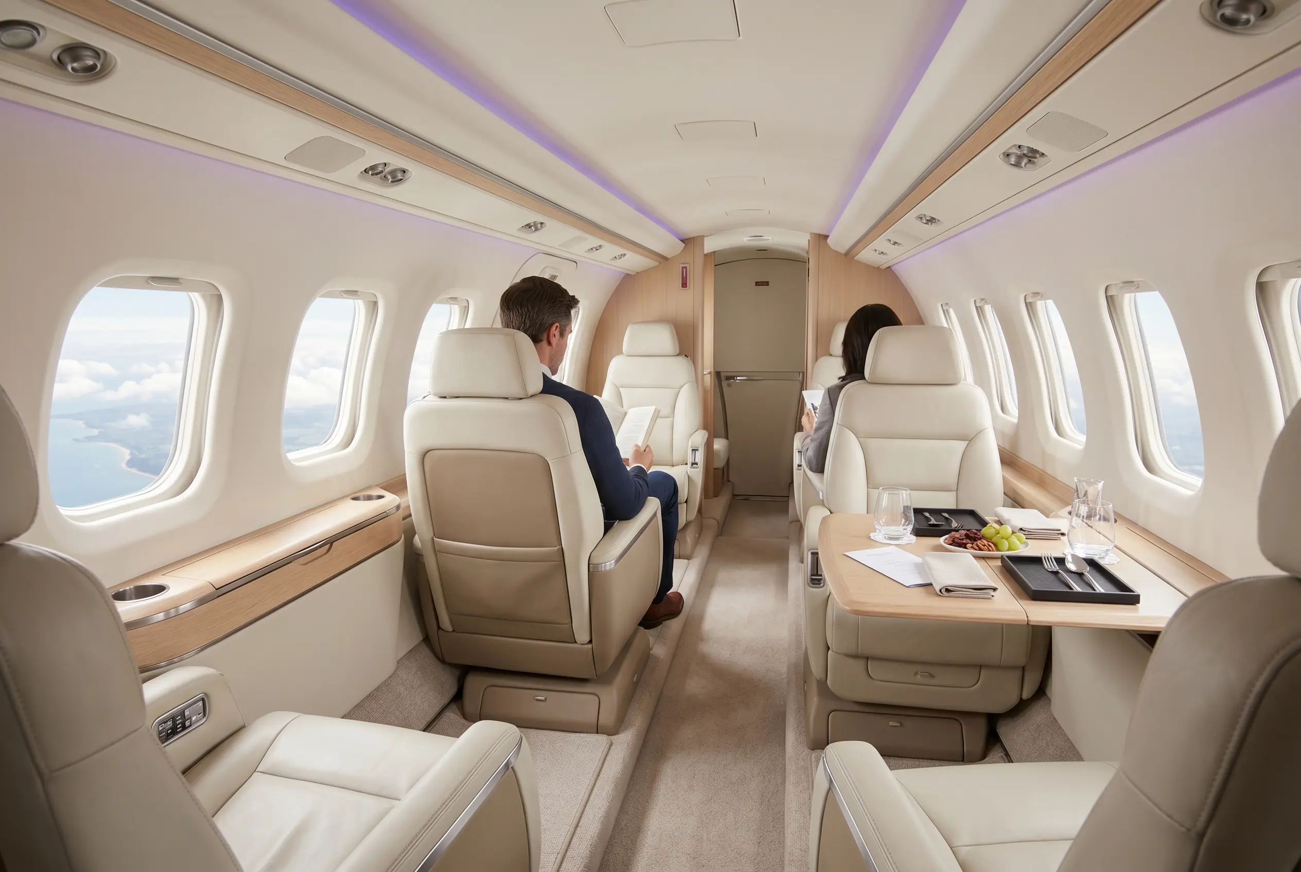 Beechcraft King Air 260 cabin with club seating set for a Miami to New York charter