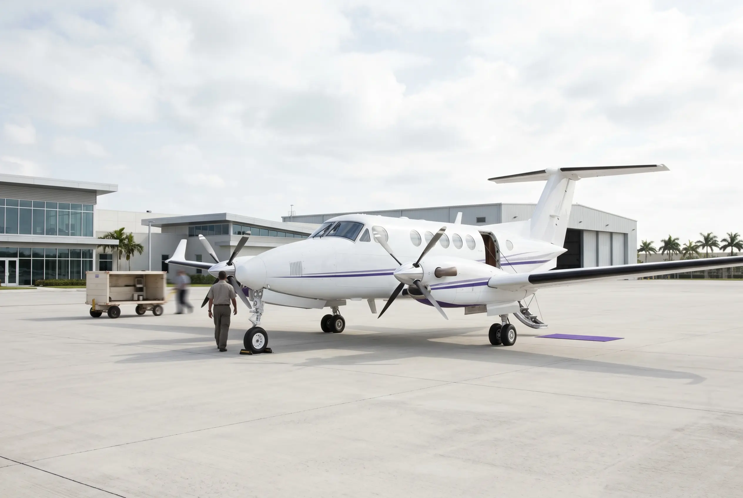 Beechcraft King Air 260 twin turboprop on a South Florida ramp before a New York flight