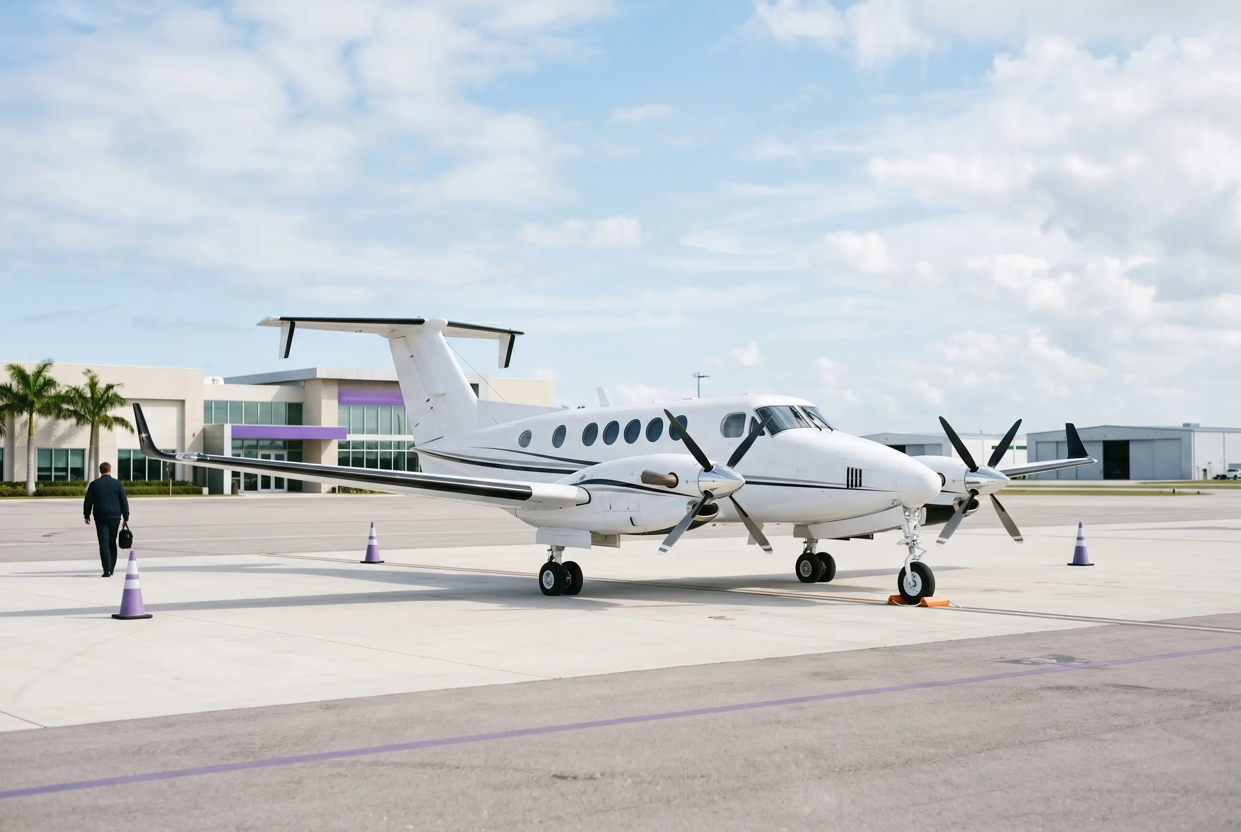 King Air 260 on a quiet Miami ramp ahead of a departure to New York
