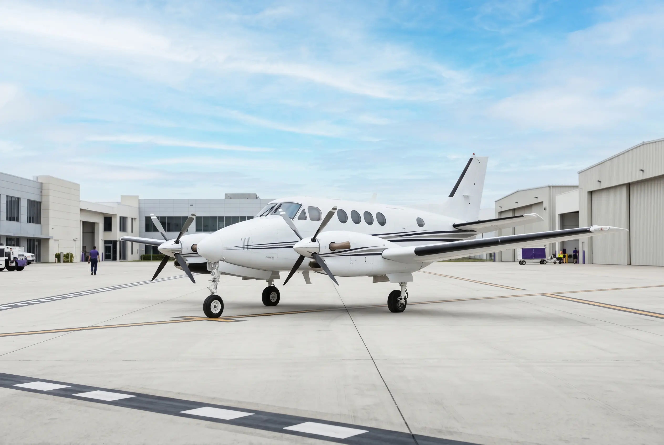 King Air C90GTx twin turboprop on a South Florida ramp before a New York flight