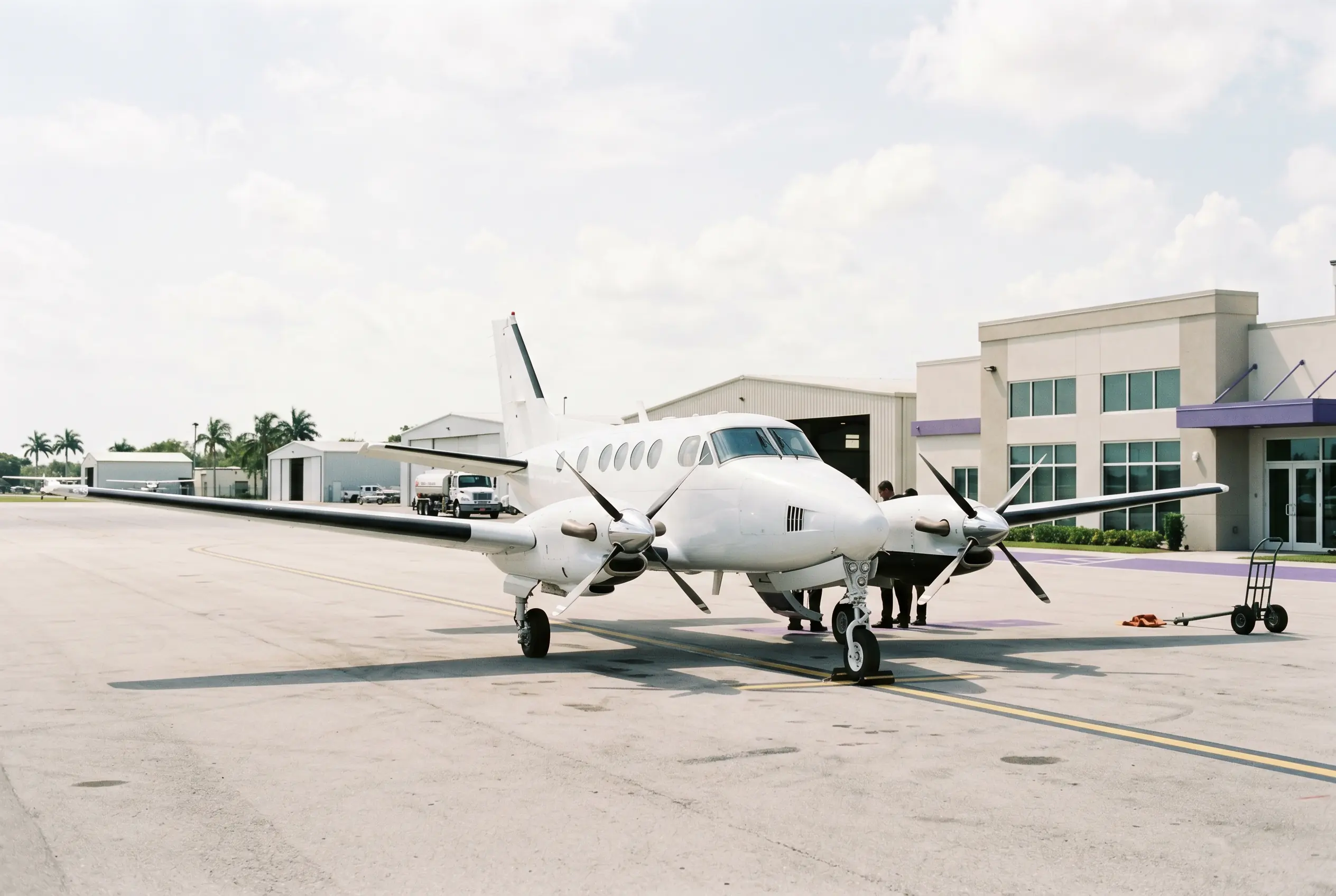King Air C90GTx on a quiet Miami ramp ahead of a departure to New York