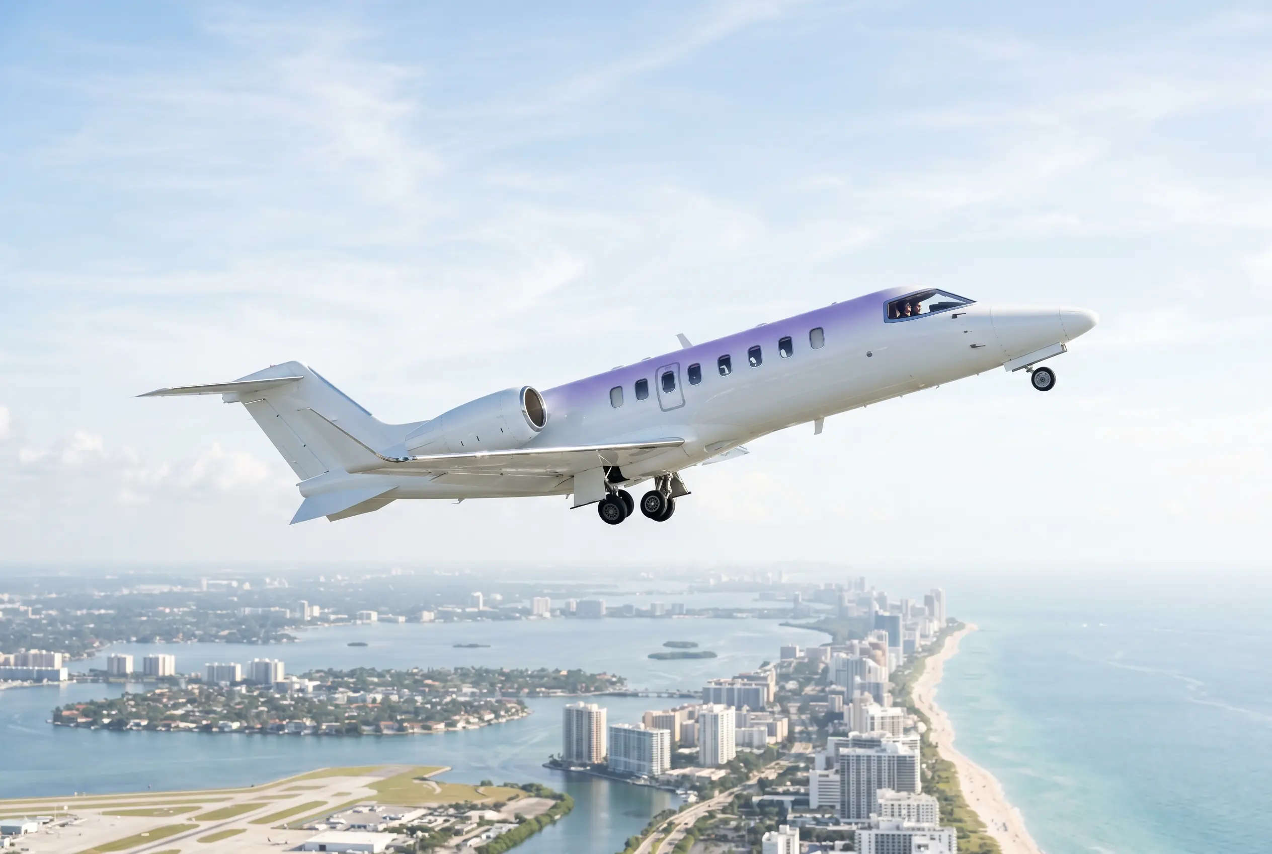 Learjet 75 climbing to high altitude after departing Miami for New York