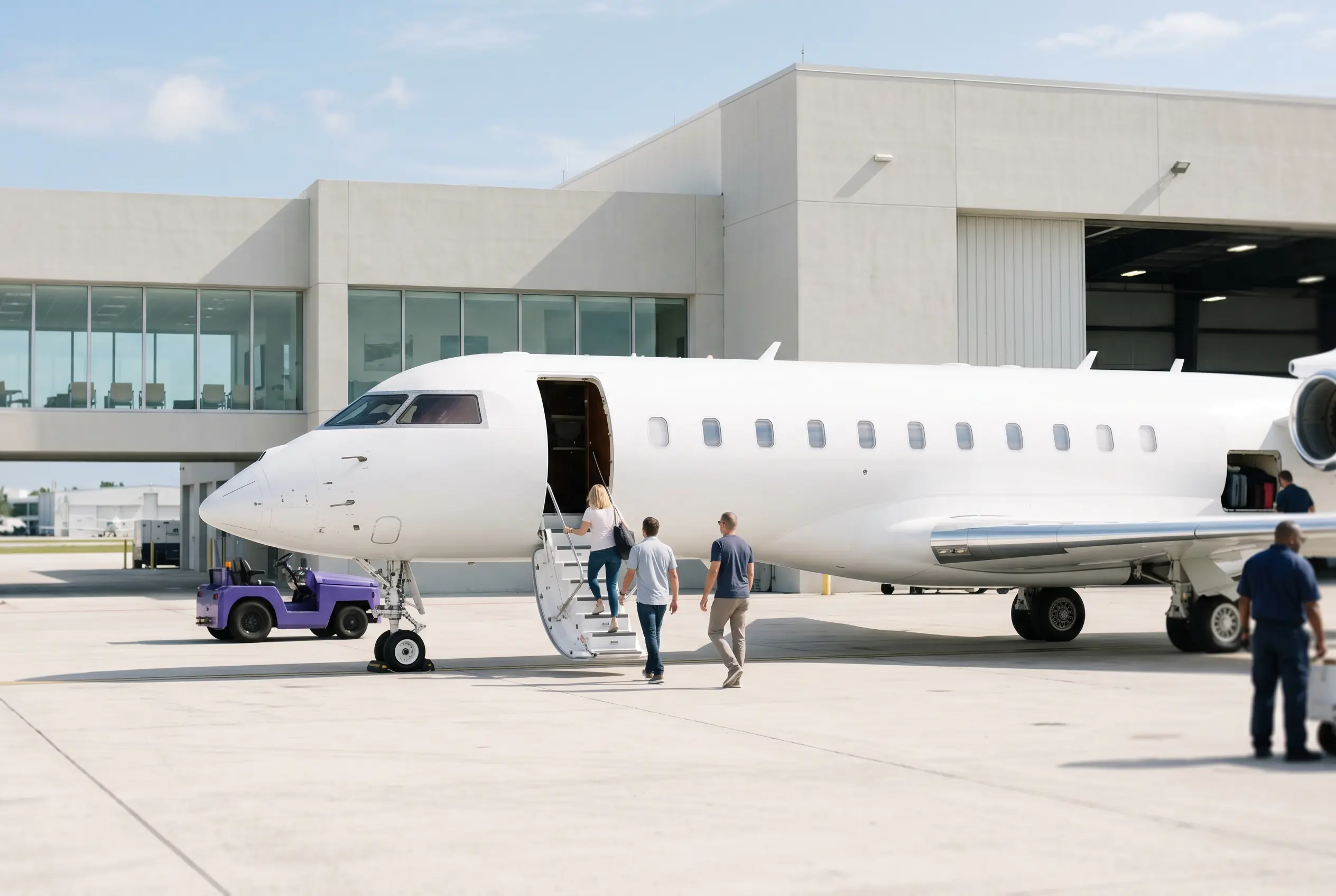 Travelers boarding a private jet at a Miami FBO for a weekend in New York