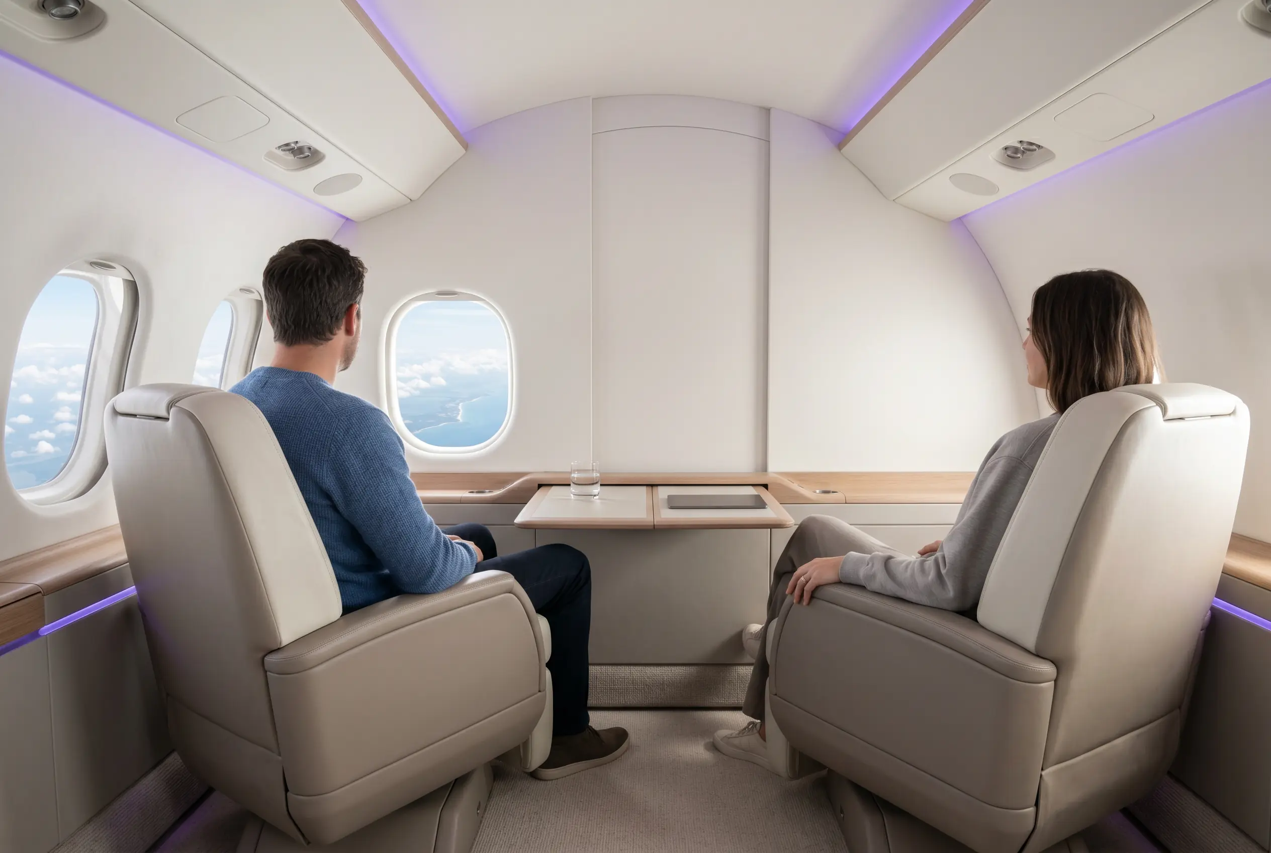 Relaxed couple in a bright jet cabin on a Miami to New York leisure charter