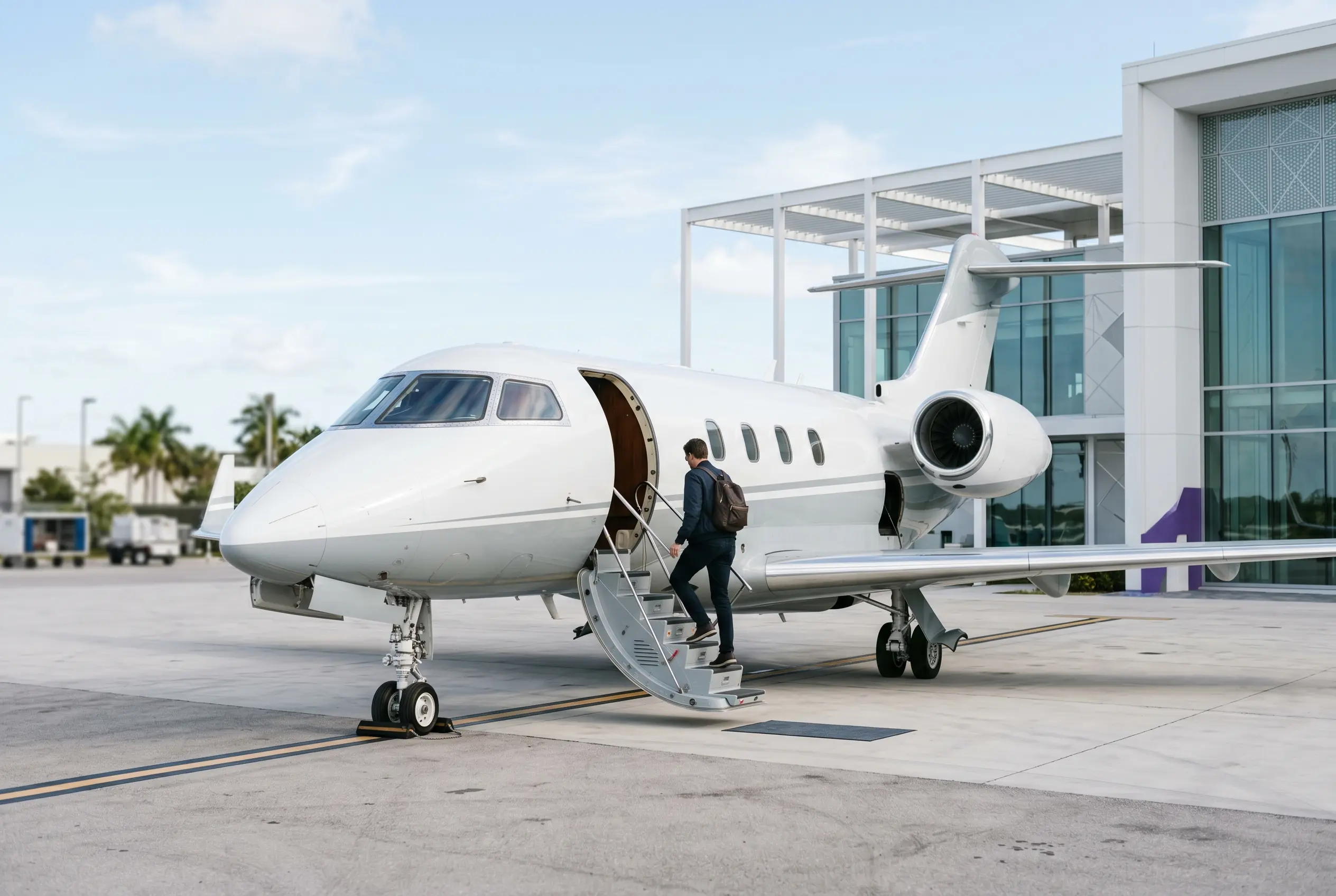 Traveler stepping aboard a light jet at a Miami FBO before a New York departure