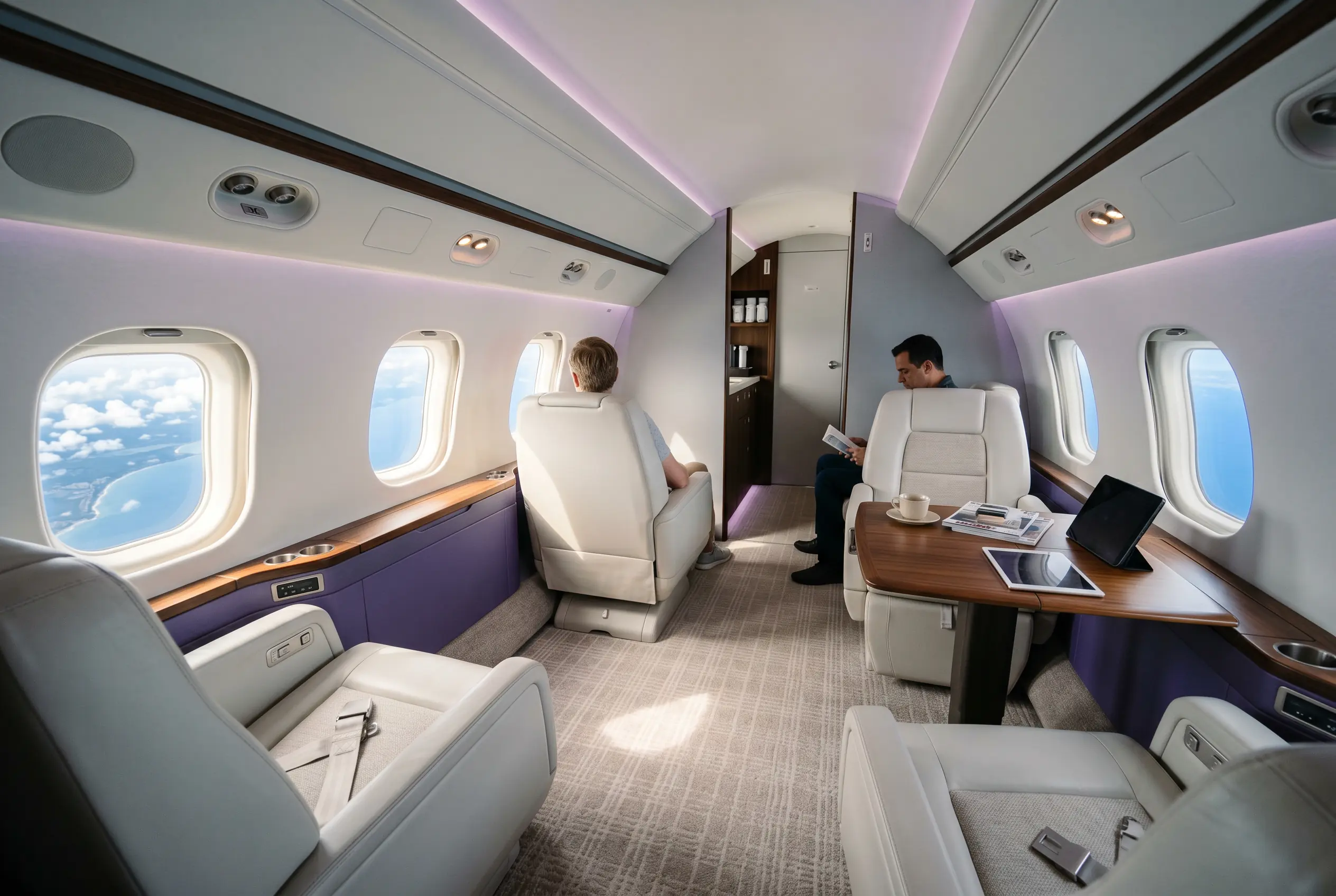Bright light jet cabin in club-four seating, a typical Miami to New York interior