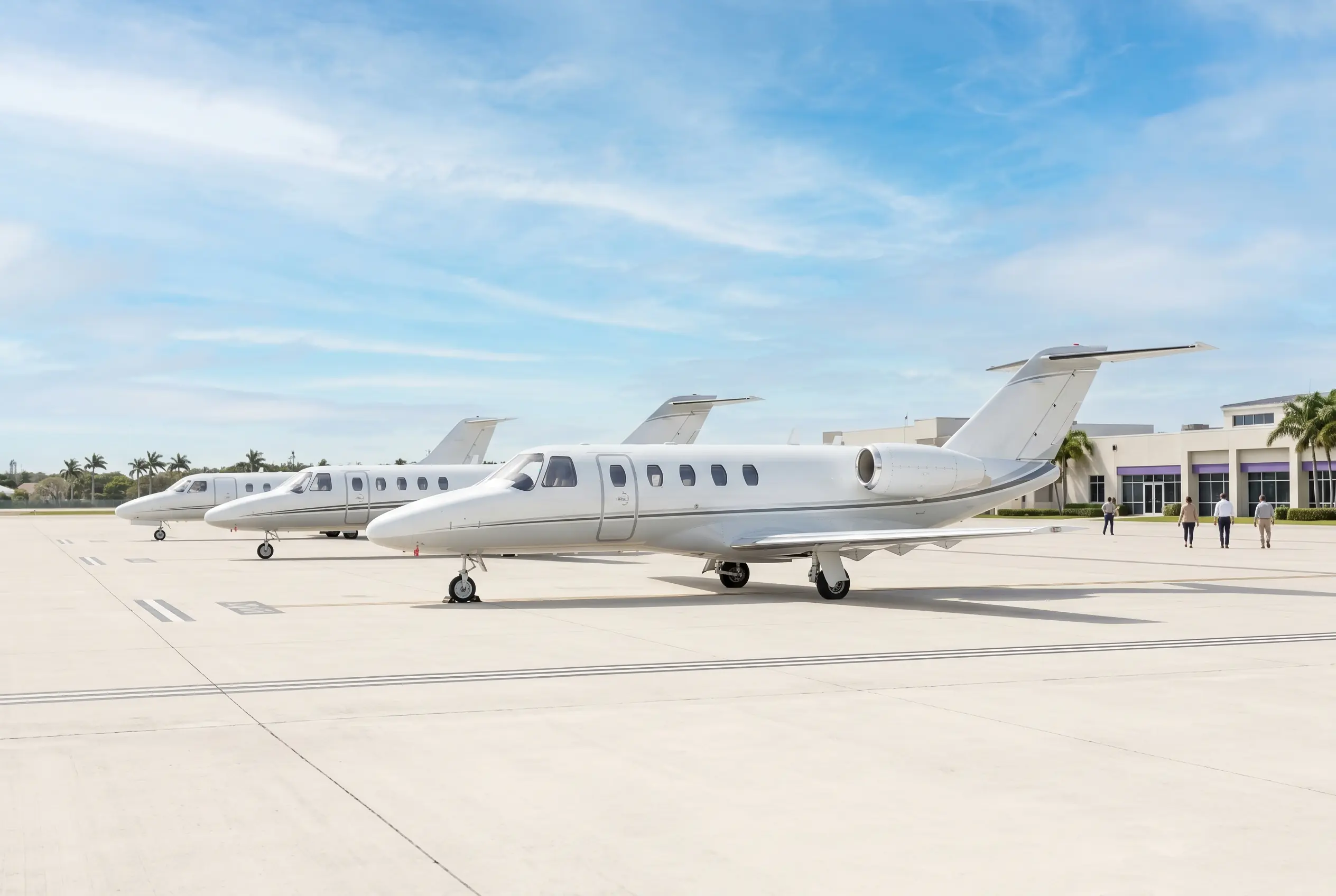 Three light jets lined up on a Miami ramp under blue sky — light jet charter options to New York