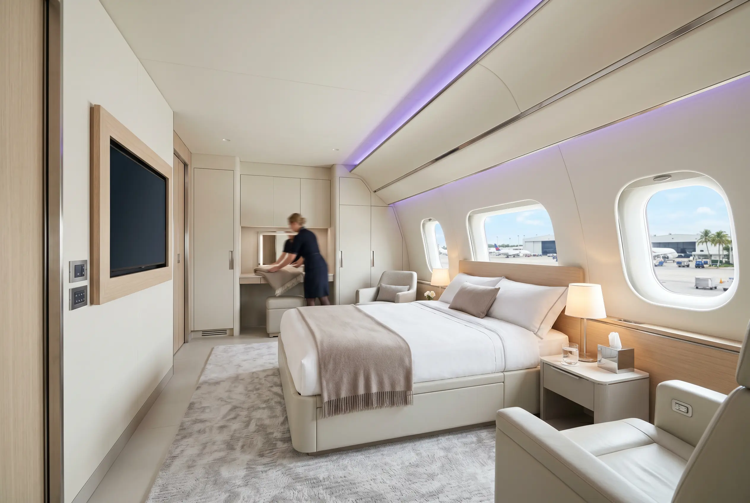 Private bedroom aboard an Embraer Lineage 1000E prepared for a Miami to New York flight