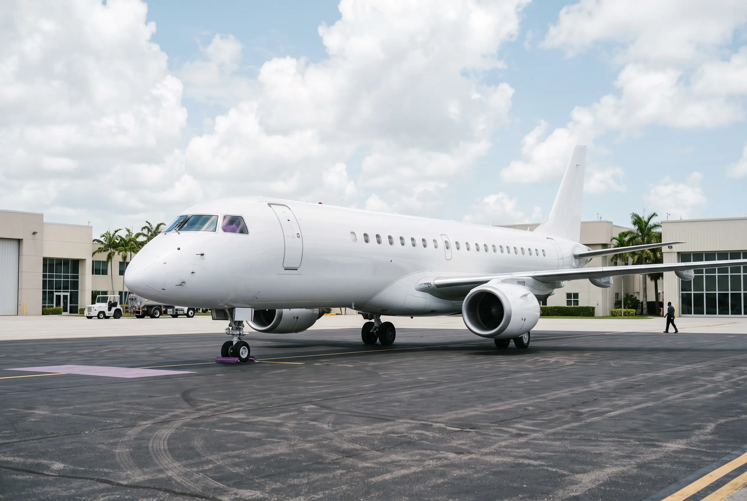 Embraer Lineage 1000E corporate jet on a South Florida ramp before a Miami to New York departure