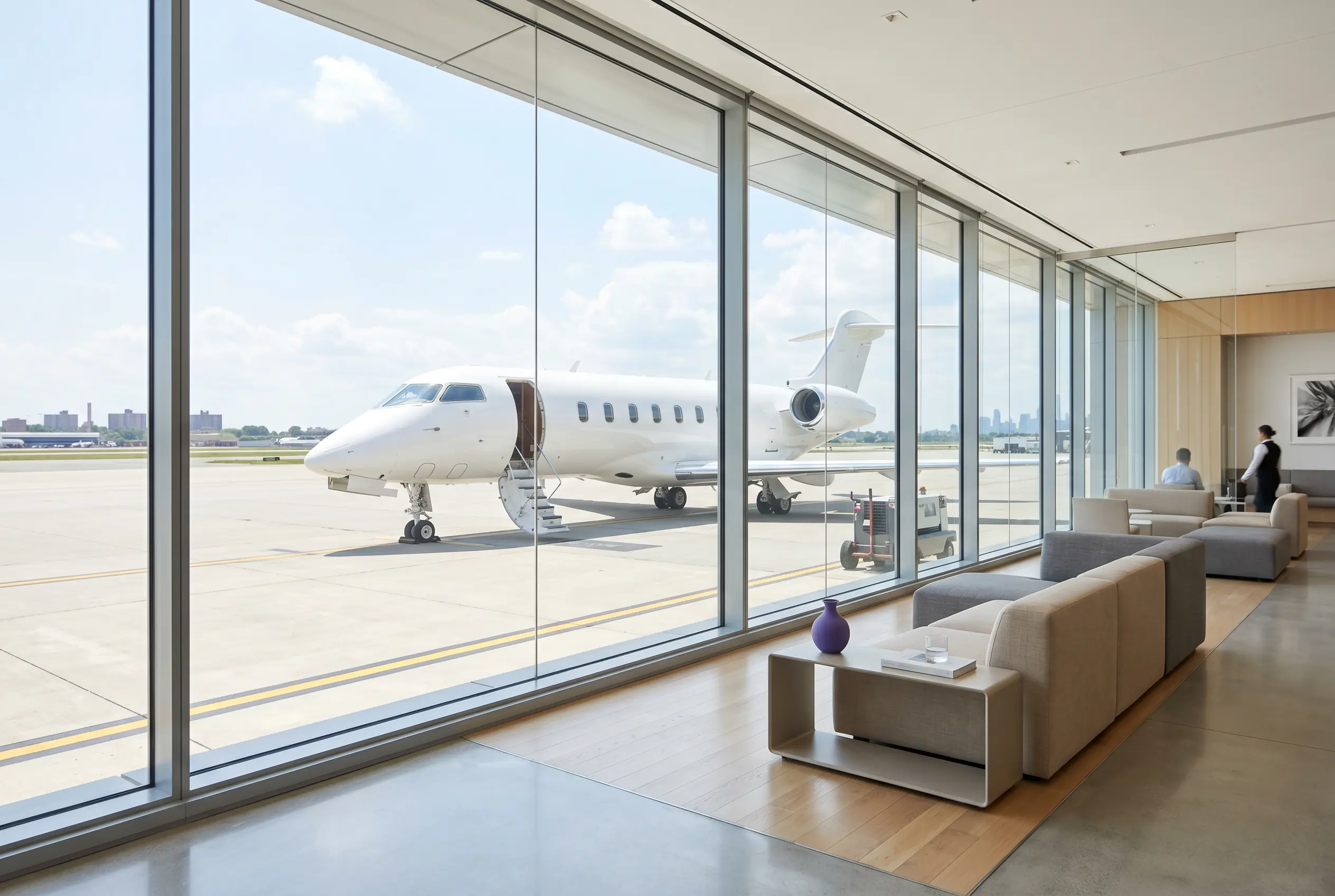 Private FBO lounge with a midsize jet on the ramp for a New York flight
