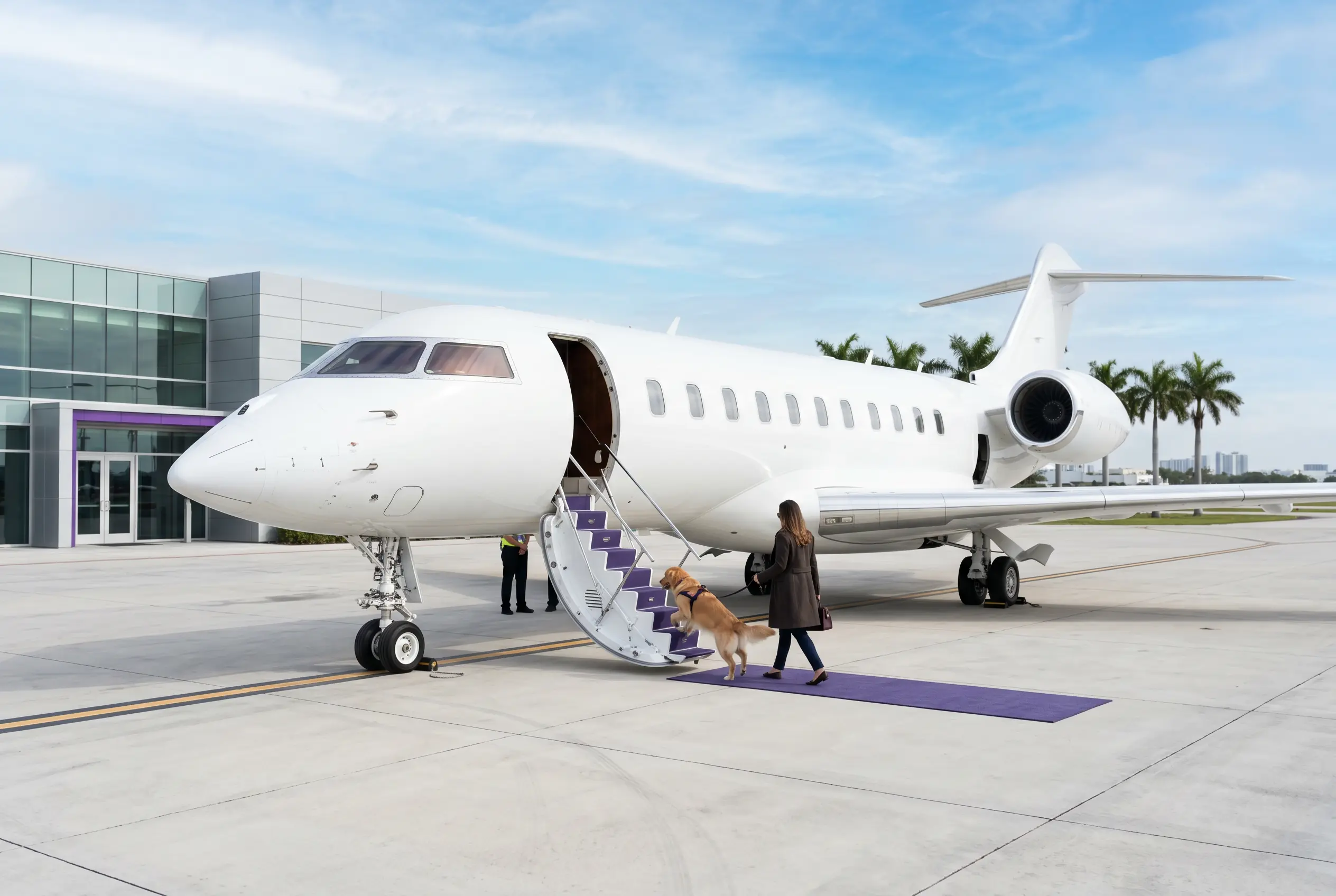Owner boarding a private jet with a dog at a Miami FBO bound for New York