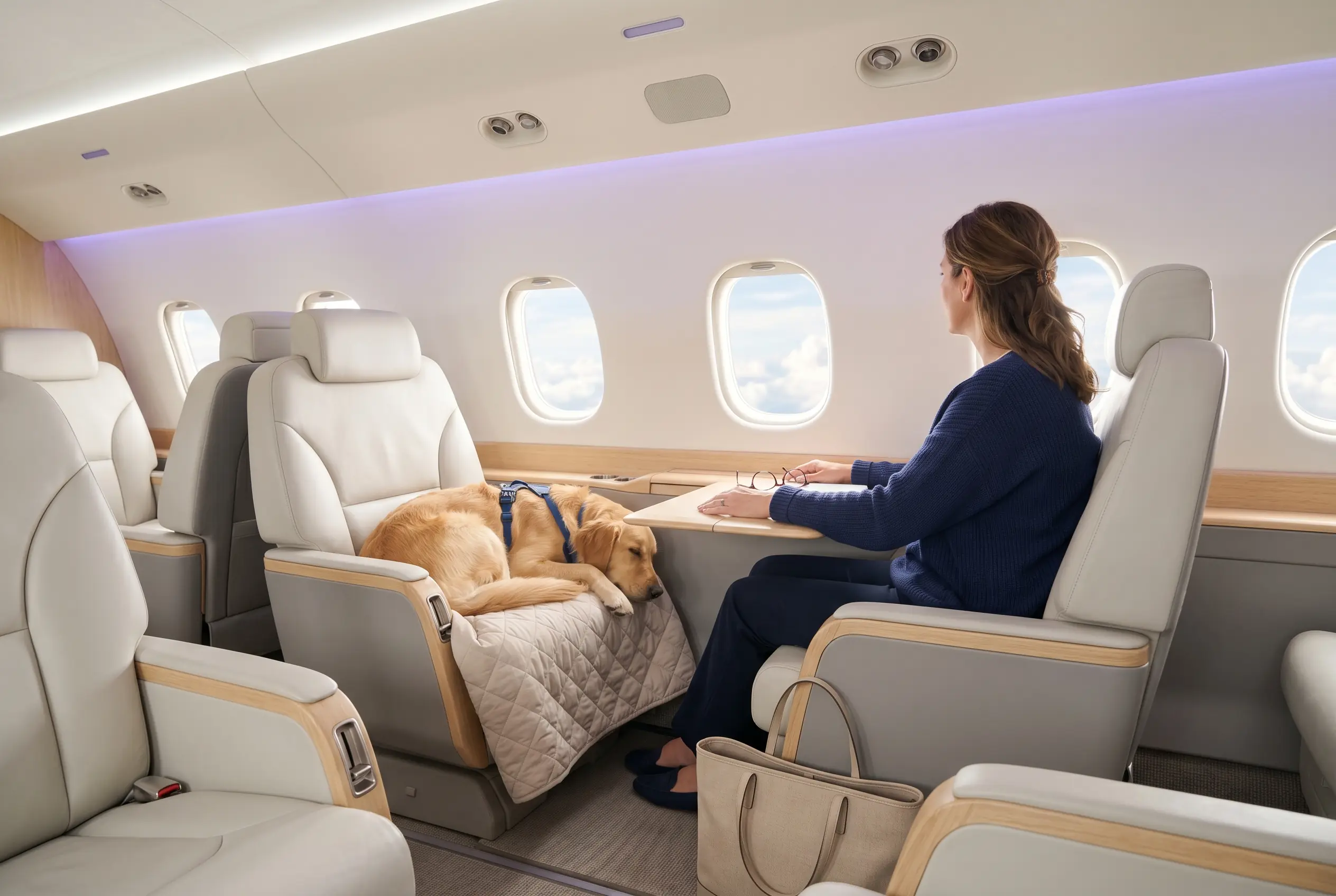 Dog resting on a cabin seat beside its owner on a Miami to New York pet-friendly charter